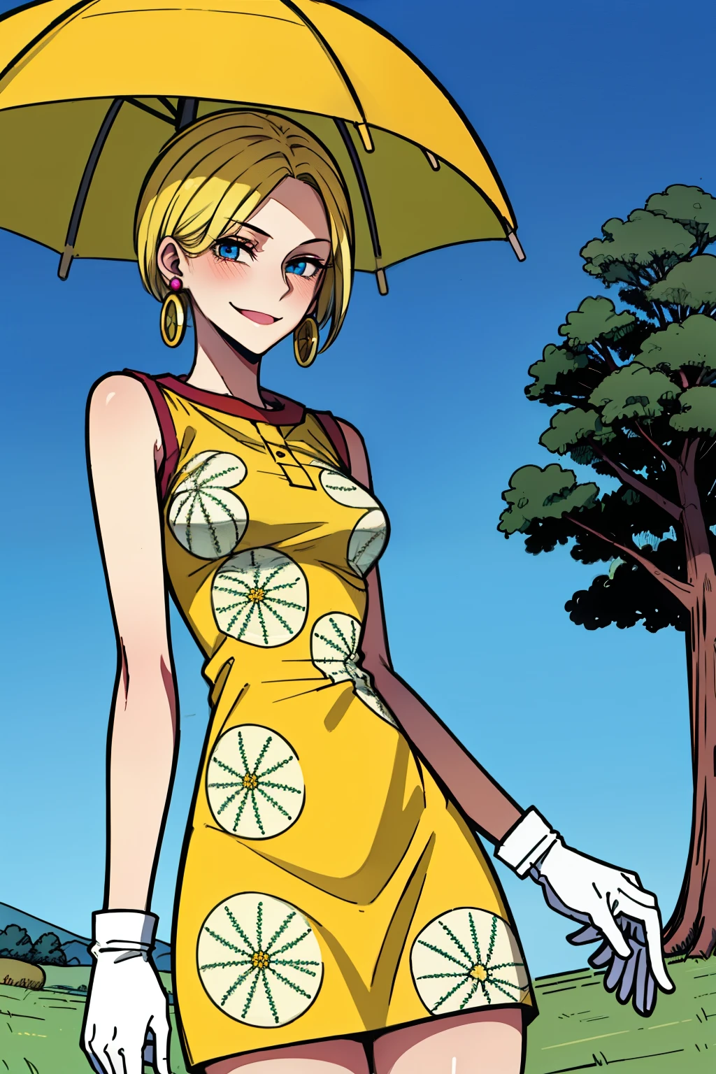 masterpiece, ((ultra detailed background, delicate pattern, complex part)), (very detailed, small parts), Best quality, beautiful lighting, ((Medium breasts, slender girl)), Miss Valentine, 1 girl, One, blonde hair, Jewelry, earrings, short hair, smile, yellow dress, gloves, umbrella, (yellow hat), Blue eyes, complex detailed background, Blue sky, grass, trees, environment, (cowboy shot),  