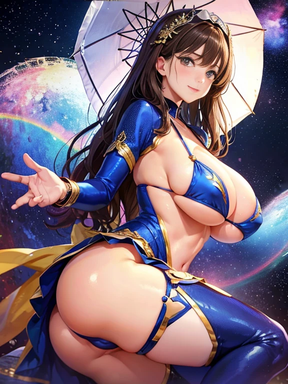 (highest quality: 1.3), (masterpiece: 1.3), (Super detailed: 1.3), (wallpaper, The only girl, liar: 1.1), ([diamond: 1.3|eye]:1.2)、([opal:1.9|Slope_hair:1.1]:1.2)、(delicate hands and fingers:1.2)、(Fine-grained super oily shiny skin:1.1)、([Wet:0.8|Mukoi])、Thighs shiny with oil、(Race Queen Blue Top Costume:1.3)、lace queen white haupan、Exposing the belly、Brown hair、(beautiful Large Breasts:2.0)、Medium hair、beautiful、put a smile on your face、Suzuka Circuit、Holding a three-colored umbrella、camel toe、huge tit、Nipple Puffs、cleavage、Plump、Super big breasts、super big butt