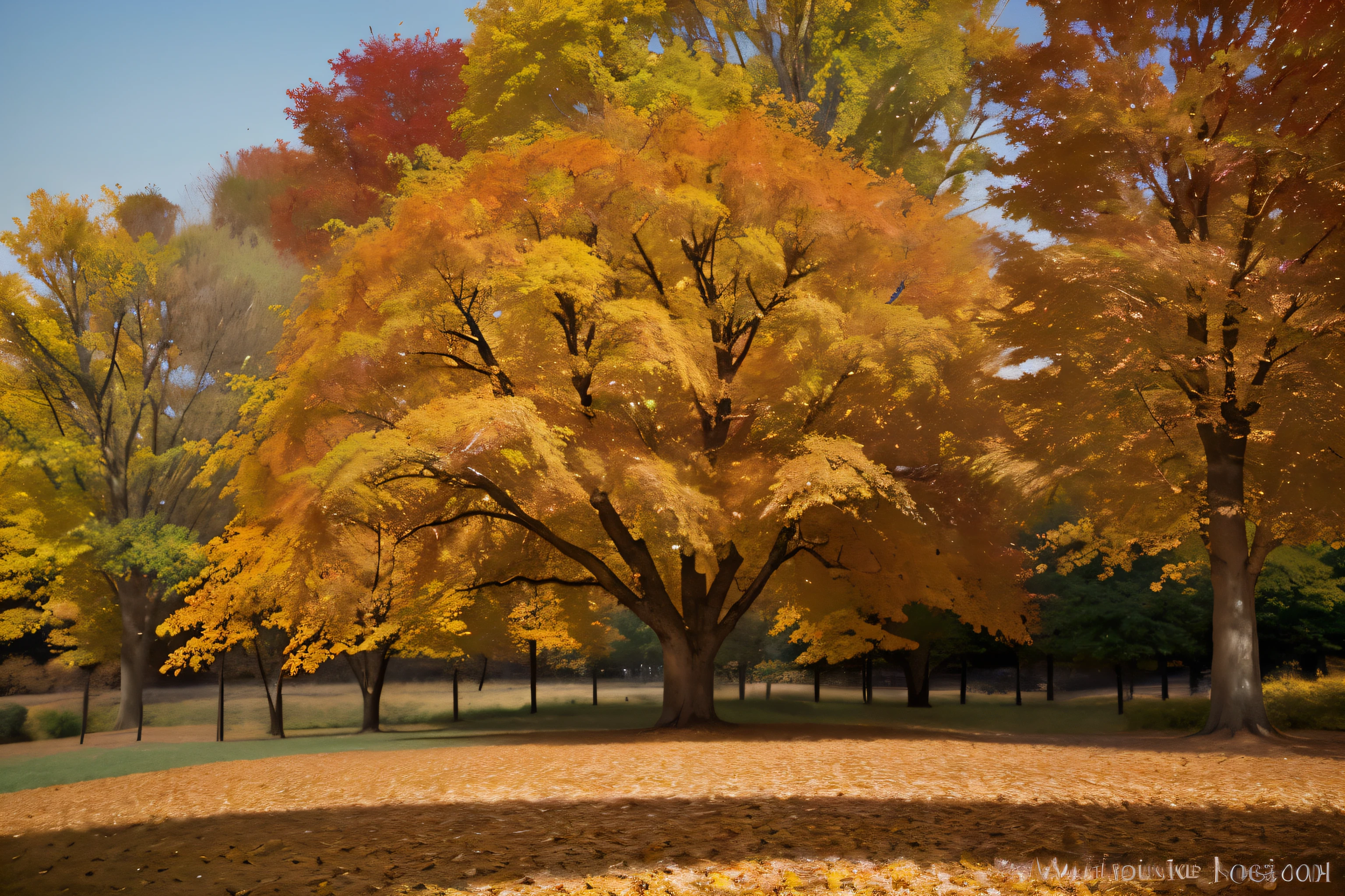 Amidst a backdrop of warm reds, oranges, and yellows reminiscent of fall foliage, a picturesque autumn scene unfolds. A majestic oak tree stands resplendent, its leaves ablaze with vibrant hues that seem to dance with the crisp autumn breeze. This breathtaking image, possibly a painting or photograph, captures the essence of the season in exquisite detail. The colors are rich and saturated, evoking a sense of warmth and nostalgia. The scene is brought to life with intricate brushstrokes or intricate detail, offering viewers a glimpse into the beauty and tranquillity of autumn.