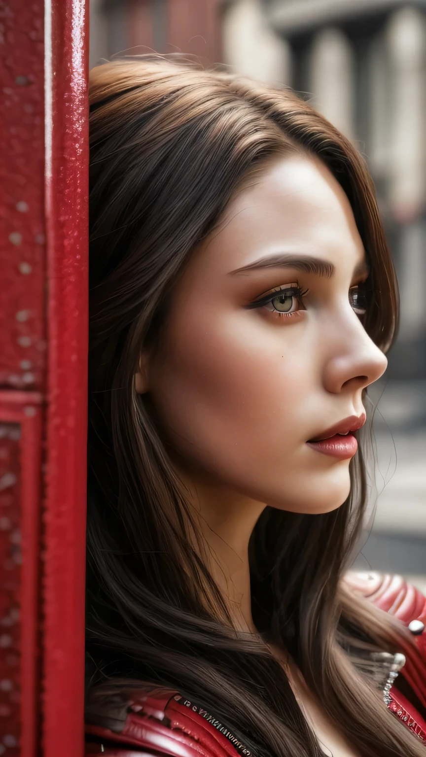 Highly detailed female photos, Lola Elizabeth, Scarlet Witch, the avengers, wearing a black lace dress, open red leather jacket, 8k uh, RAW photo, model photography, masterpiece, 最high quality, high quality, High resolution, (On a deserted city street)､(((close up of face)))､