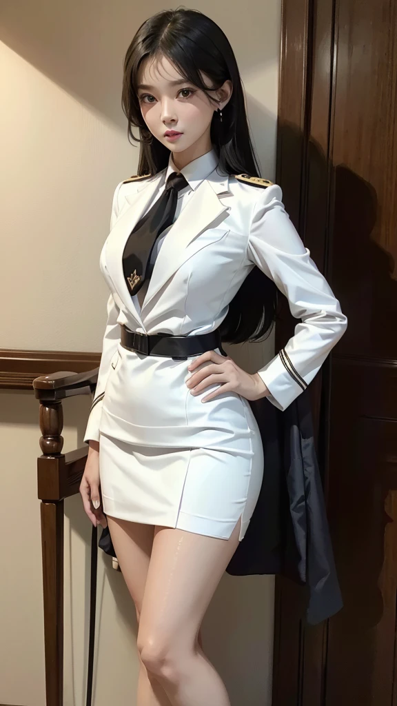 Beautiful girl with two meter long hair, long black hair, (ใส่สูทผู้หญิงwhite, Wear a suit over the outside.), (ชุดสูทผู้หญิงwhite), (เสื้อเชิ้ตwhite), (Thai women's short black necktie), (Military rank insignia), (short pencil skirtwhite), tight, (dynamic post), full body, (Huge breasts, thin body, small waist, hips raised, small thighs, Long legs), A gigantic rift, black high heels, (short pencil skirt, white), (Wearing a white business suit, สูทนักธุรกิจหญิงwhite), military regalia,