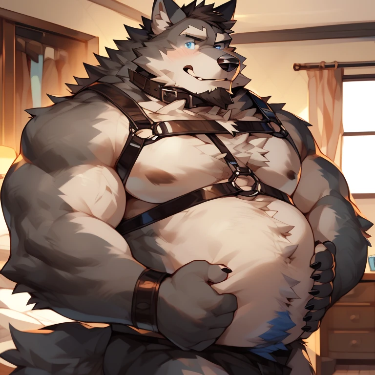 solo, male, werewolf, wolf, canine, big, , muscular, facial hair, beard, nervous, chest hair, stomach hair, happy trial, grey fur, blue eyes, body hair, harness, collar, fluffy body, bedroom, by mystikfox61, by darkgem, by glitter trap boy, by bebebebebe