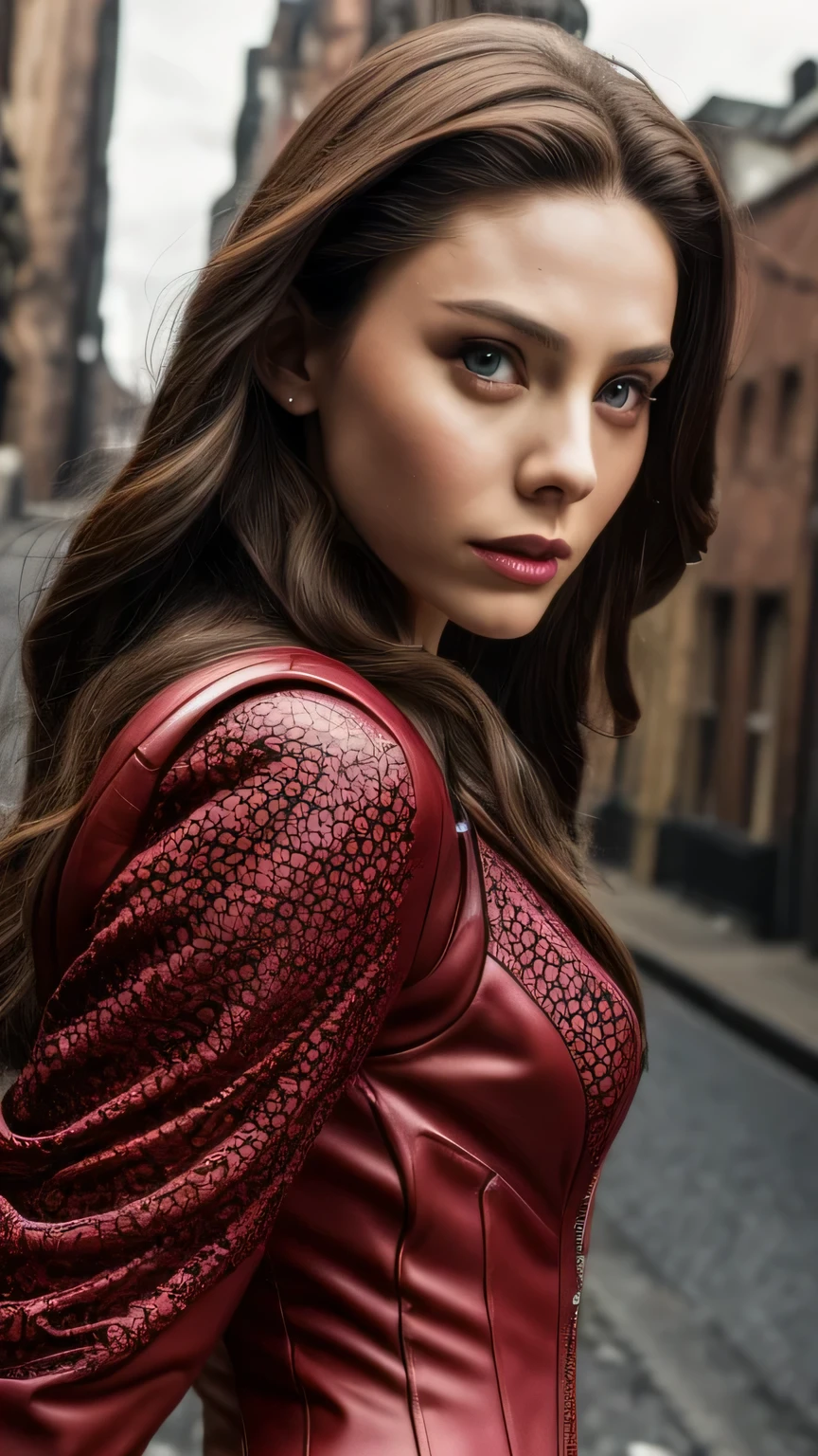 Highly detailed female photos, Lola Elizabeth, Scarlet Witch, the avengers, wearing a black lace dress, open red leather jacket, 8k uh, RAW photo, model photography, masterpiece, 最high quality, high quality, High resolution, ((close up of face))､(On a deserted city street)