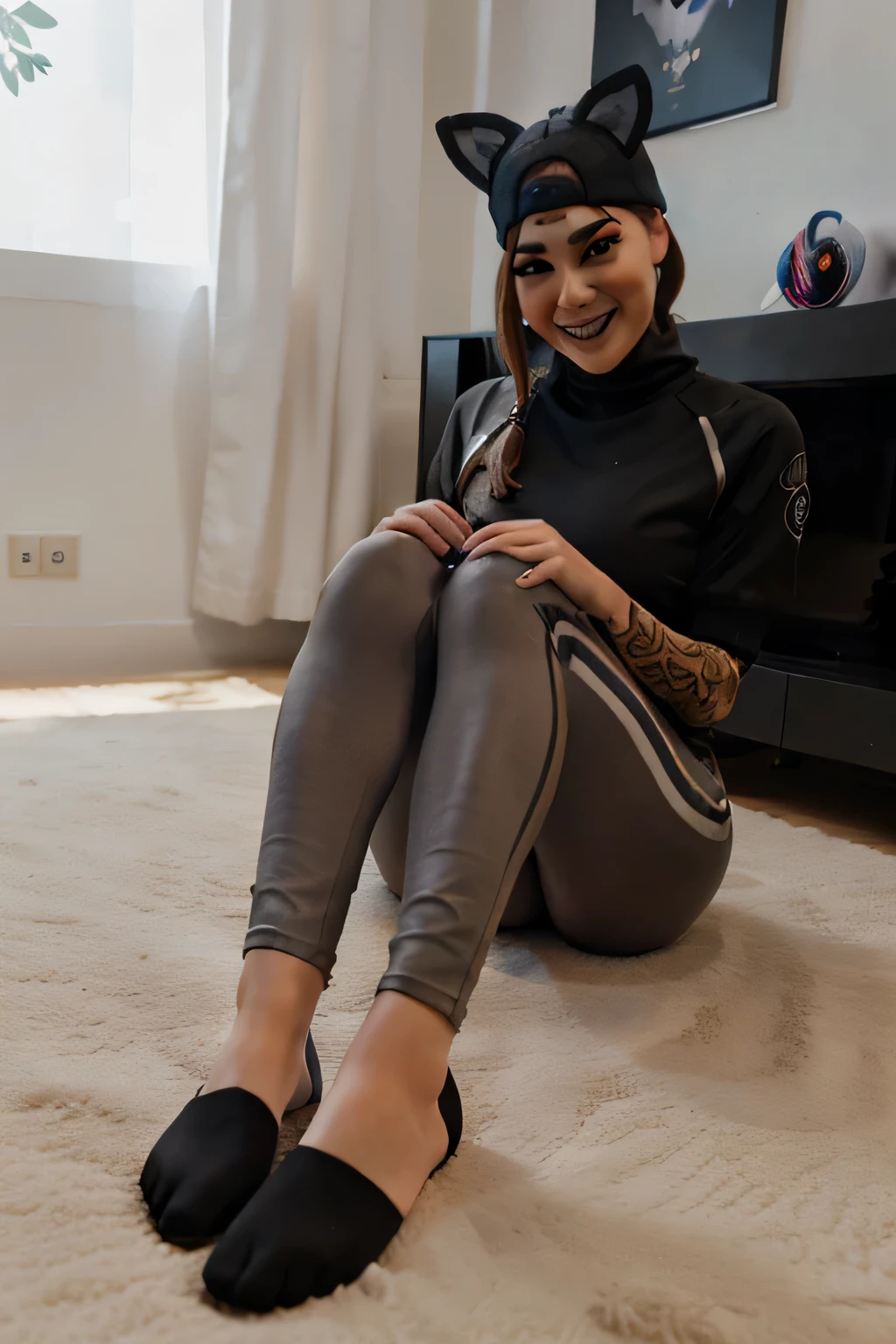 Leggins lince con chaqueta negra con jugando videojuegos piernas cruzadas sin calzado sonriendo guantes sin dedos ojos finos