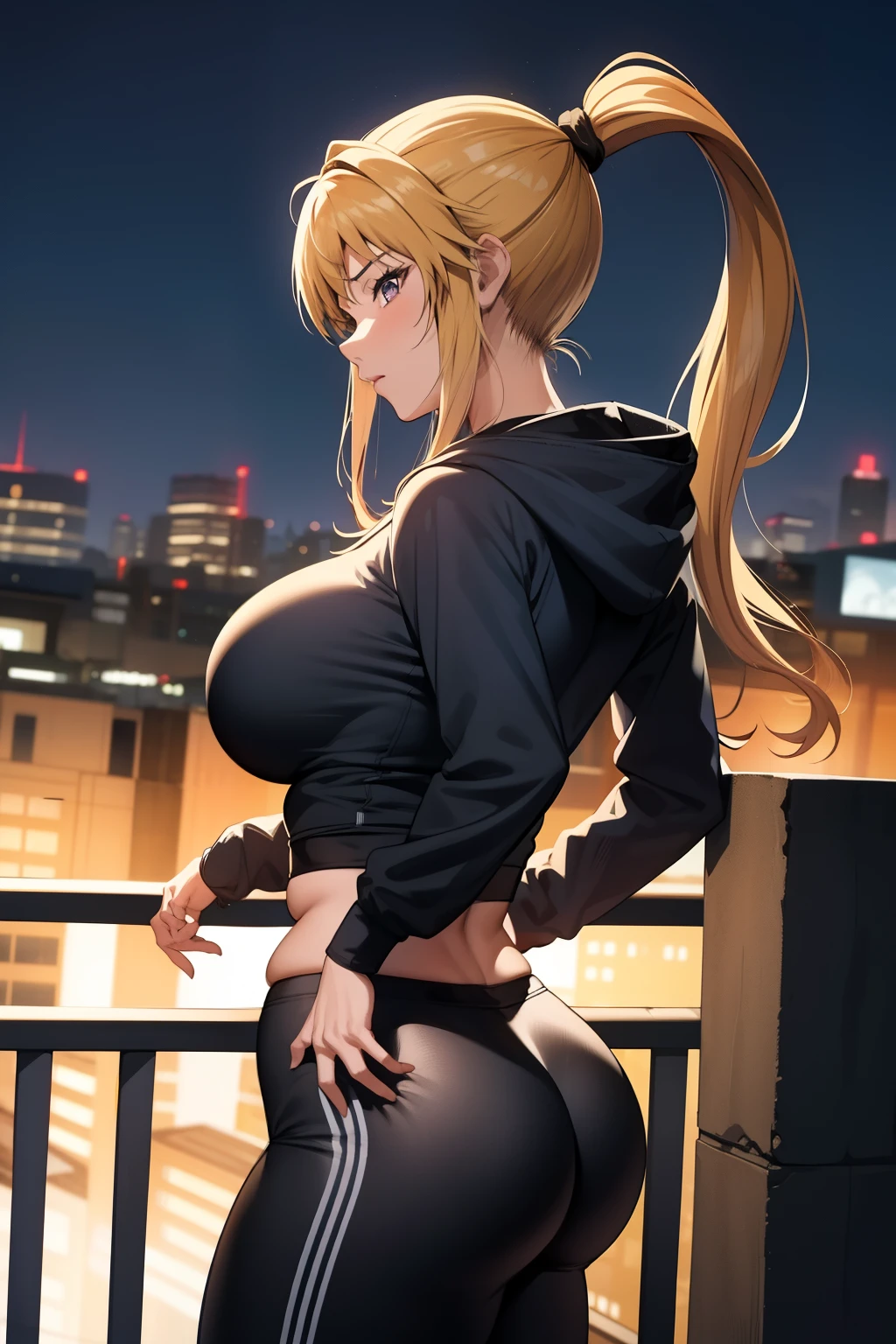 masterpiece, best quality, Kaori Saeki, ponytail, hair tie, blue hoodie, tight black yoga pants, athletic curves, tight ass, large breasts, huge breasts, looking at viewer, city background, cowboy shot