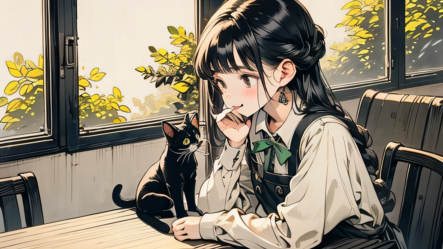 A cute girl was drinking coffee with her cat in a cafe、A window where soft sunlight pours in、Fresh green tree々can be seen