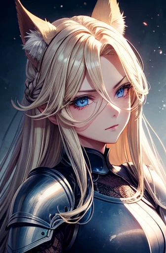 Long blond hair slicked back blue eyes animal ears Female knight in bare-shoulder armor lace gloves serious expression long eyelashes