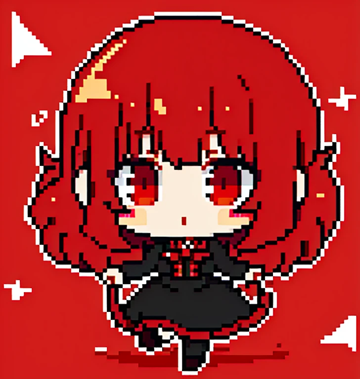 Masterpiece, Top Quality, 1Girl, red eyes, (slant eyes), perm, wavy hair, red Hair, black lolita, taking a walk, (red Theme: 1.4), Cartoon, Chibi:1, no background