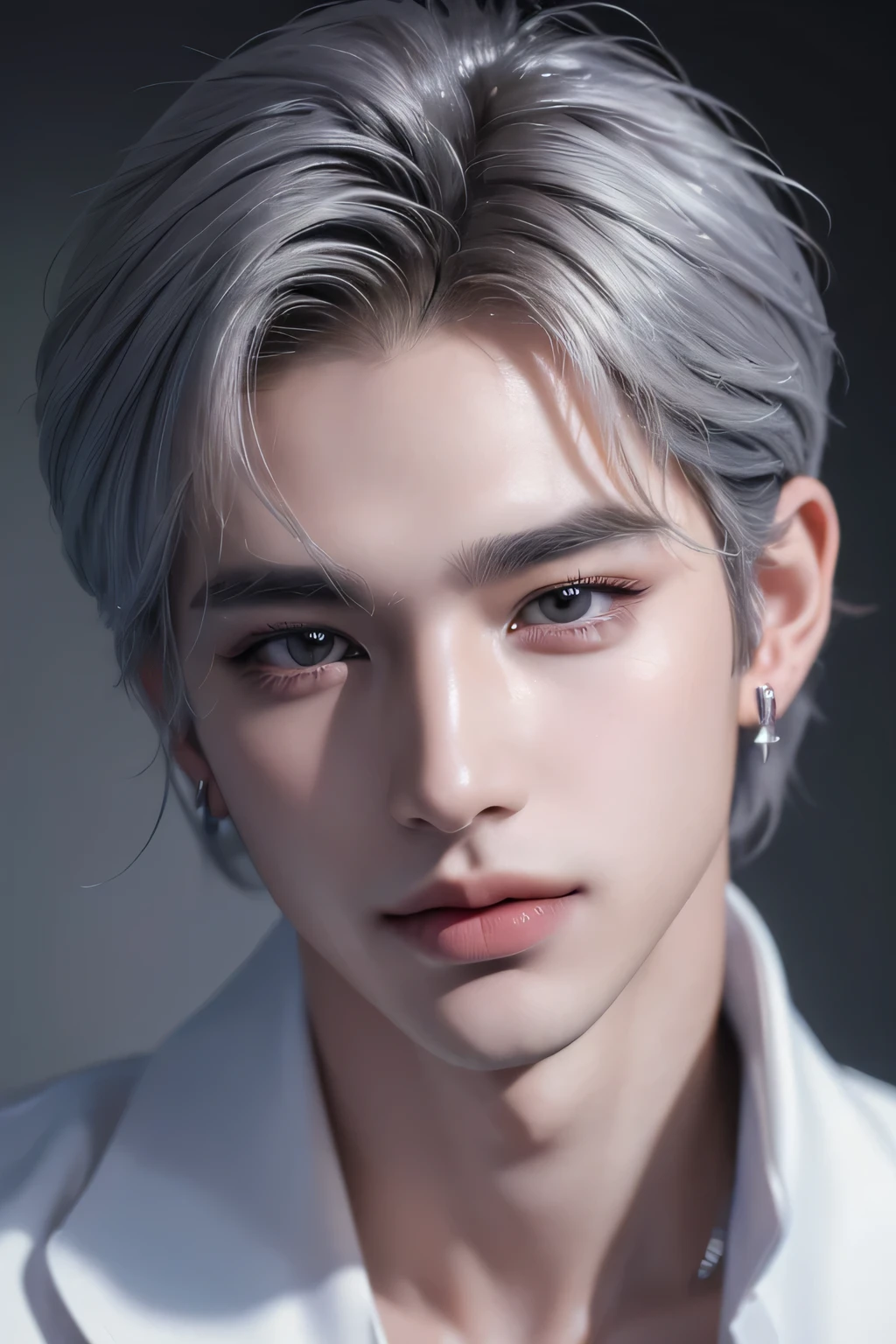 ((highest quality, 8K, masterpiece: 1.3)),Handsome host boy:1.5, 20-year-old、Delinquent boy、 well-groomed face, silver hair color、thin face、Confident visuals、（white skin:1.5）、Look straight at me with your eyes looking up、Bad smile、hand near face、silver eyes、boy with makeup、Super handsome、Extra-fine face, handsome nose, small eyes and face, beautiful lighting, High resolution, detailed mouth, smile, whole body: 1.5, perfect body shape、slim，Midial Hair、pointed hair set、suit、Chrome Hearts Silver Earrings、Pause