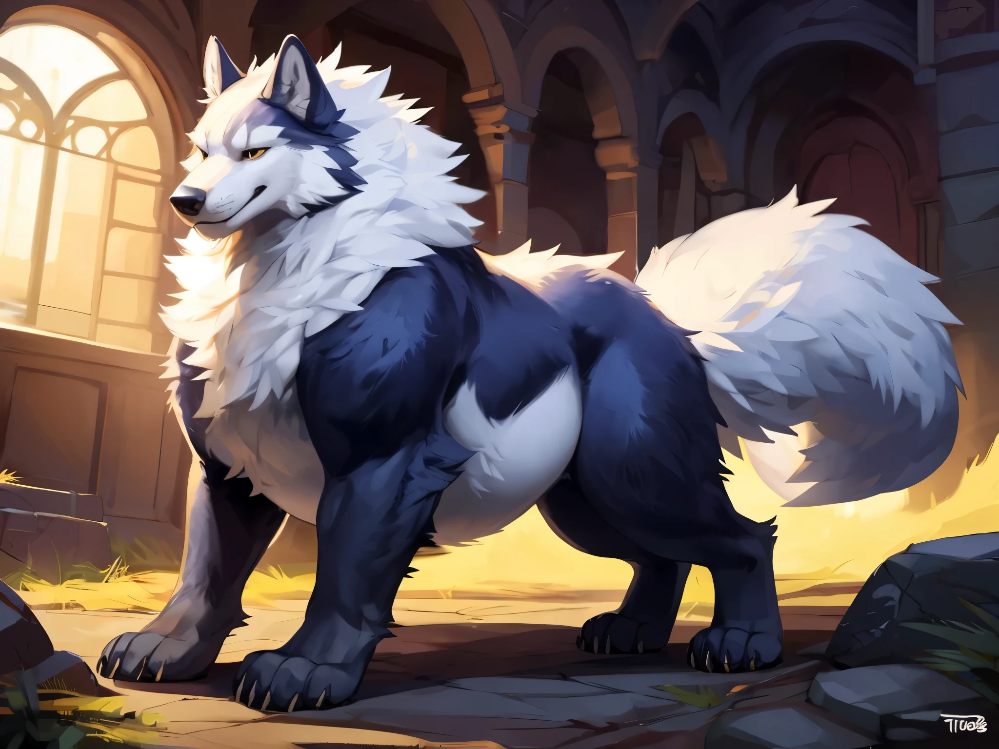 4k ultra quality, 4k full body view,(ultra high detailed body),feral wolf,dire wolf, detailed body,by mystikfox61, by glitter trap boy,feral paws, by bebebebebe,by morethreedee, by seibear,(thick thigh),(chubby thigh),thicc thigh,thick legs,chubby legs,thicc legs,massive butt,enomorous thigh,massive thigh,massive legs,thick lower legs,wide legs,(detailed thigh),(wide thigh),fluffy belly,feral belly,sharp nails,((sfw)),(ultra detailed face),detailed eyes,big tail,fluffy tail,(detailed tail),enomorous tail,bigger tail,huge tail,volumetric light,muscle legs,big paws,(thick paws),fluffy paws,furry paws,enomorous paws,(animal focus), beast,standing,(bigger lower body),strong lower body,(long legs),front view,master works, super fine, 4k resolution, high quality,high picture detail,dark fantasy,illusory engine, Masterpiece,feral body,muscular feral,faint lighting,shiny fur,feral belly