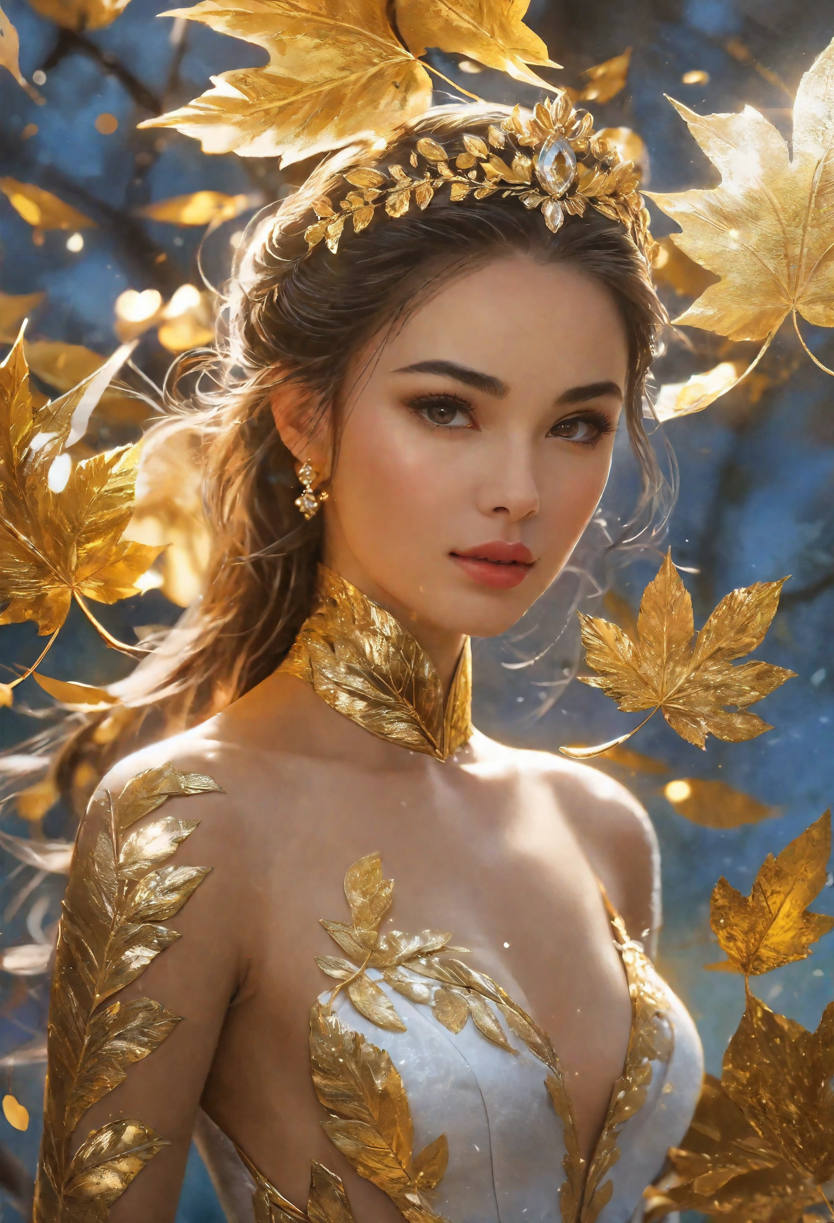 ((Masterpiece in maximum 16K resolution):1.6), ((Gold leaf art illustration:)1.5), ((Gold Leaf Art):1.4), ((Wide angle painting):1.2) | ((Gold leaf art of beautiful female illustratition:1.5), ((Supermodel beauty with aquiline nose):1.6), (Award winning art), ((sense of desire):1.1), (shimmer), (visual experience), (Realism), (Realistic), award-winning graphics, dark shot, film grain, extremely detailed, Digital Art, rtx, Unreal Engine, scene concept anti glare effect, All captured with sharp focus. Rendered in ultra-high definition with UHD and retina quality, this masterpiece ensures anatomical correctness and textured skin with super detail. With a focus on high quality and accuracy, this award-winning portrayal captures every nuance in stunning 16k resolution, immersing viewers in its lifelike depiction. Avoid extreme angles or exaggerated expressions to maintain realism. ((perfect_composition, perfect_design, perfect_layout, perfect_detail, ultra_detailed)), ((enhance_all, fix_everything)), More Detail, Enhance.