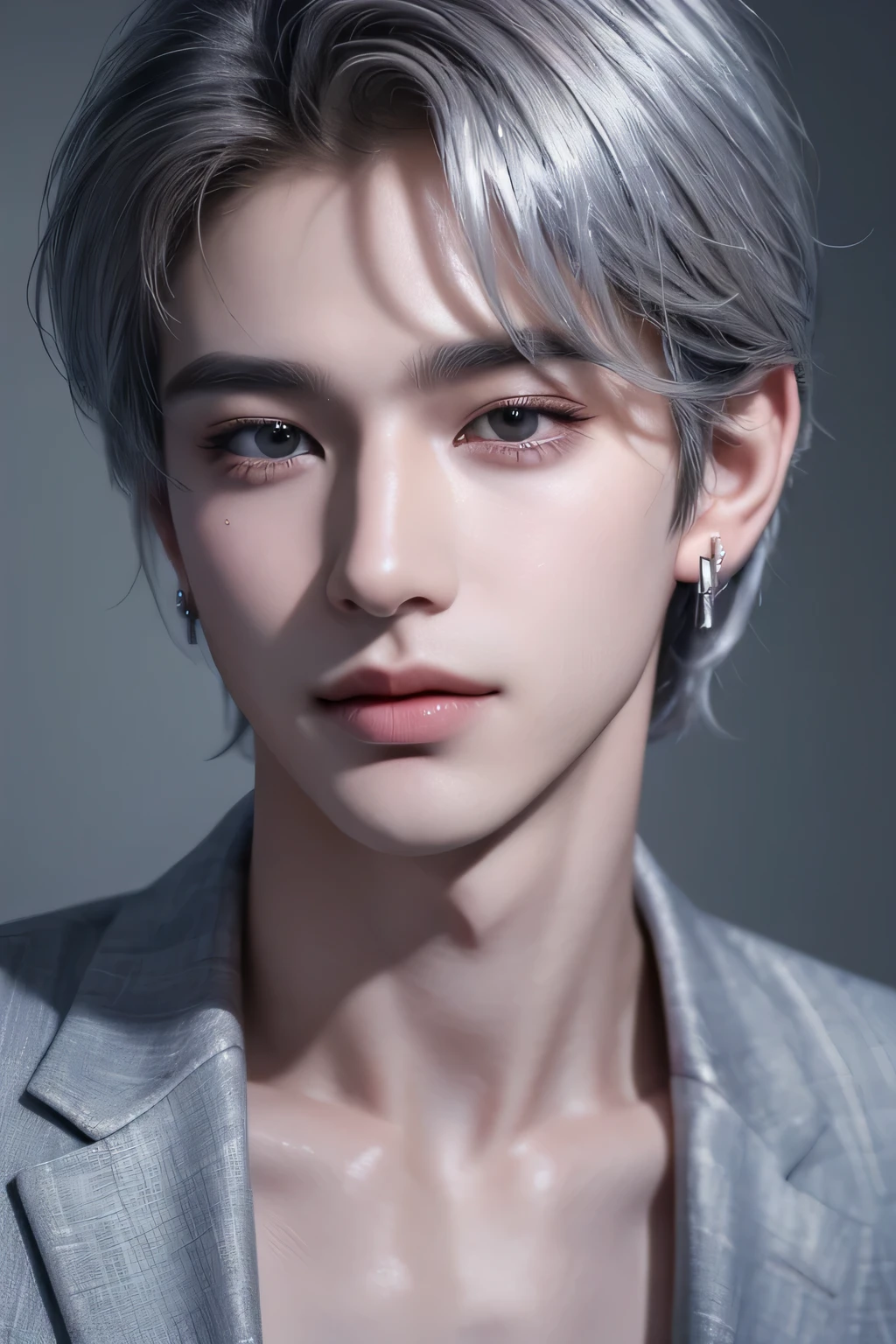 ((highest quality, 8K, masterpiece: 1.3)),Handsome host boy:1.5, 20-year-old、Delinquent boy、 well-groomed face, silver hair color、thin face、Confident visuals、（white skin:1.5）、Look straight at me with your eyes looking up、Bad smile、hand near face、silver eyes、boy with makeup、Super handsome、Extra-fine face, handsome nose, small eyes and face, beautiful lighting, High resolution, detailed mouth, smile, whole body: 1.5, perfect body shape、slim，Midial Hair、pointed hair set、suit、Chrome Hearts Silver Earrings、Pause