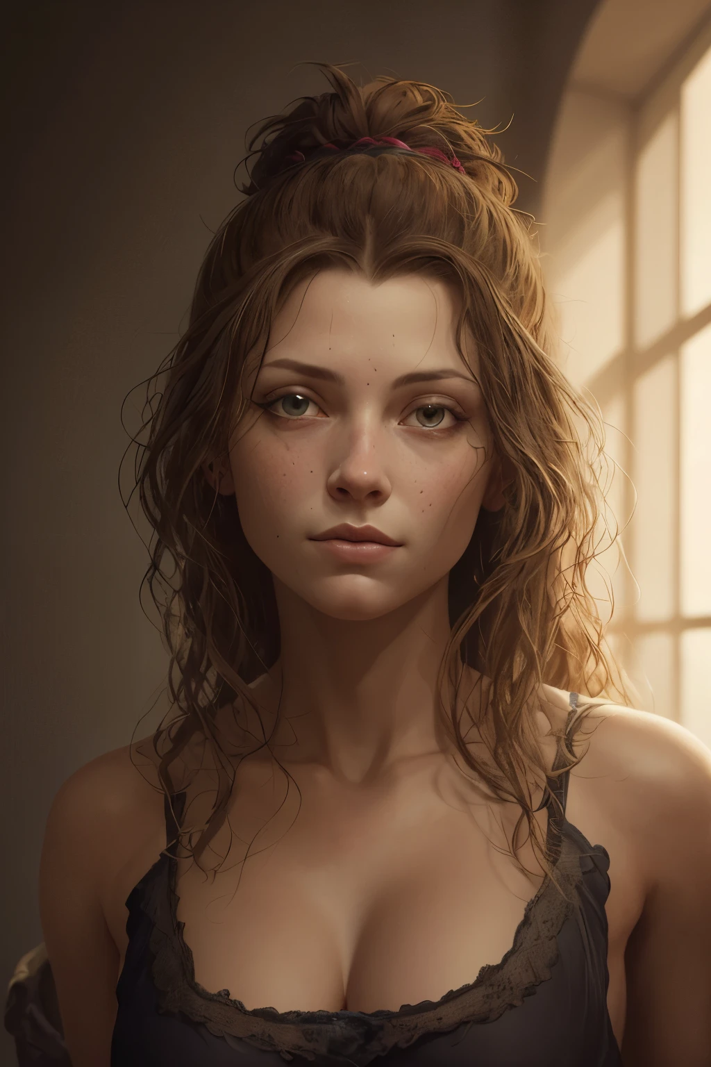 From the front, the ultimate realism female portrait by Albrecht Dürer and Pieter Brueghel, photorealistic, dynamic lighting, fantasy art work, award-winning shading, highly detailed face, floating in the dark, 4K, masterpiece , one girl, highest quality, great lighting, tasteful work, volume lighting