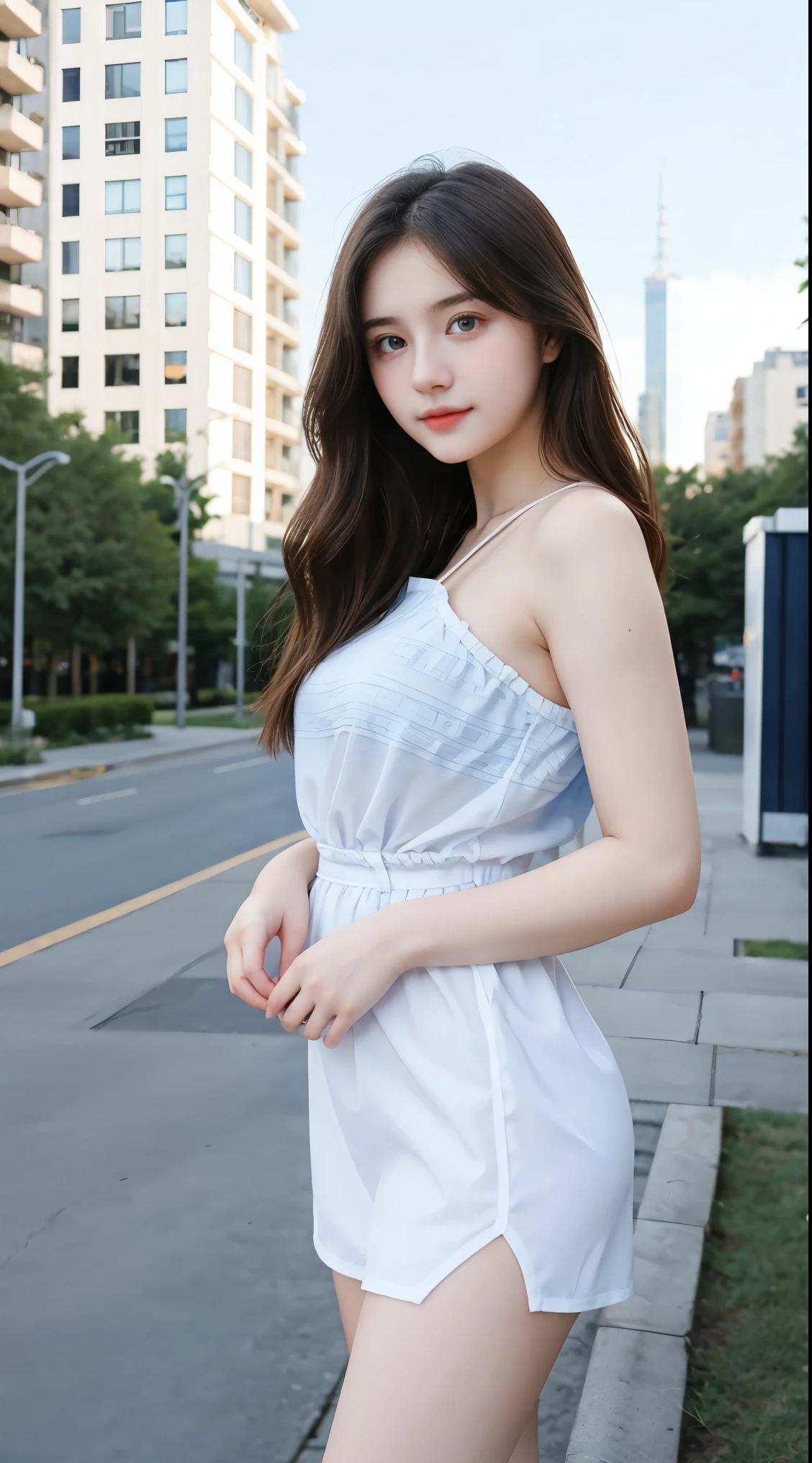1 Girl,seaside,Soft Light,Chinese Beauty,Suspender dress