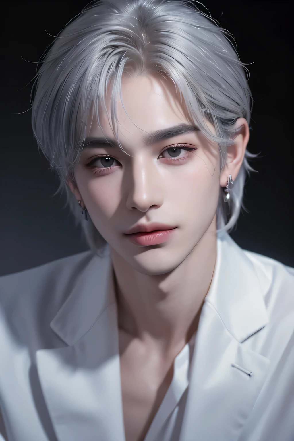 ((highest quality, 8K, masterpiece: 1.3)),Handsome host boy:1.5, 20-year-old、Delinquent boy、 well-groomed face, silver hair color、thin face、Confident visuals、（white skin:1.5）、Look straight at me with your eyes looking up、Bad smile、hand near face、silver eyes、boy with makeup、Super handsome、Extra-fine face, handsome nose, small eyes and face, beautiful lighting, High resolution, detailed mouth, smile, whole body: 1.5, perfect body shape、slim，Midial Hair、pointed hair set、suit、Chrome Hearts Silver Earrings、Pause