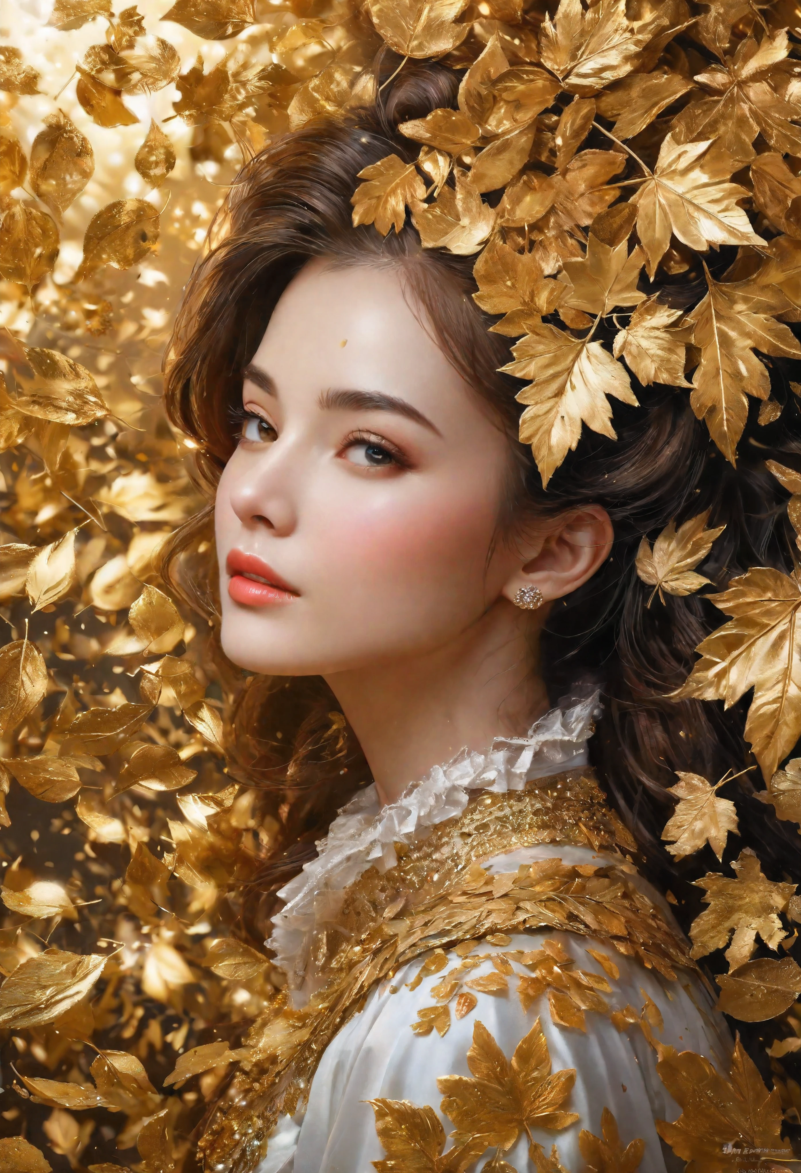((Masterpiece in maximum 16K resolution):1.6), ((Gold leaf art illustration:)1.5), ((Gold Leaf Art):1.4), ((Wide angle painting):1.2) | ((Gold leaf art of beautiful female illustratition:1.5), ((Supermodel beauty with aquiline nose):1.6), (Award winning art), ((sense of desire):1.1), (shimmer), (visual experience), (Realism), (Realistic), award-winning graphics, dark shot, film grain, extremely detailed, Digital Art, rtx, Unreal Engine, scene concept anti glare effect, All captured with sharp focus. Rendered in ultra-high definition with UHD and retina quality, this masterpiece ensures anatomical correctness and textured skin with super detail. With a focus on high quality and accuracy, this award-winning portrayal captures every nuance in stunning 16k resolution, immersing viewers in its lifelike depiction. Avoid extreme angles or exaggerated expressions to maintain realism. ((perfect_composition, perfect_design, perfect_layout, perfect_detail, ultra_detailed)), ((enhance_all, fix_everything)), More Detail, Enhance.