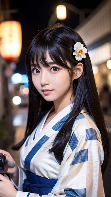 High resolution high quality beauty woman wearing yukata masterpiece、Highest品質、 long hair 25 years old black hair long hair Kyoto cityscape blush Bangs normal skin fair skin nightの京都 moist eyes Japanese woman with dark circles under eyes street real tie hair Lovely aldult fair Highest night Gorgeous hair accessories hairpin kimono kimono woman Full body with small face and hand holding camera