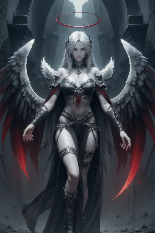 Grey skin, blood halo, angel, rare, cursed maiden, loincloth, Angelic armor, beautiful woman, long silver hair, red glowing eyes, grey skin, black wings, palace ruins,