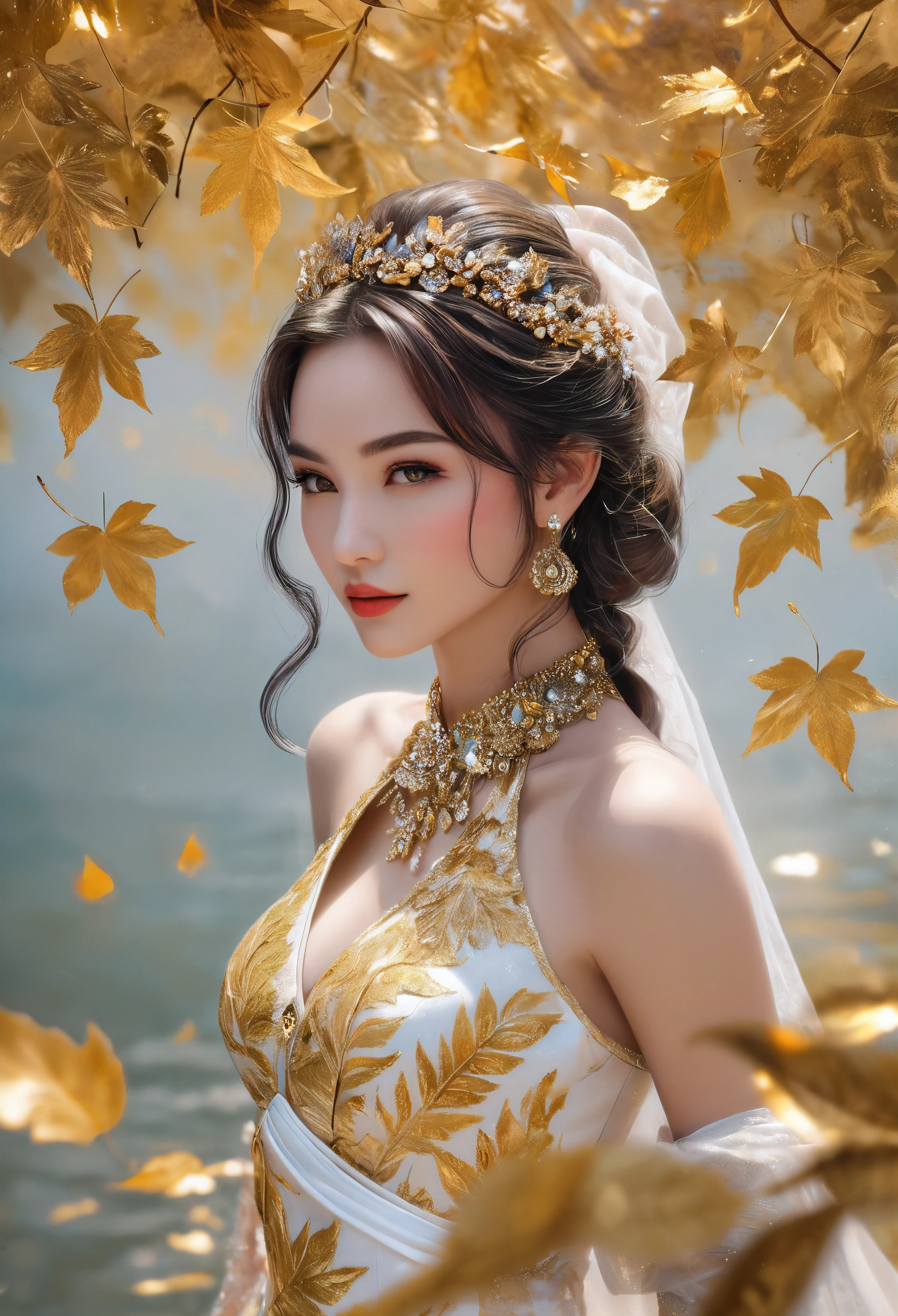 ((Masterpiece in maximum 16K resolution):1.6), ((Gold leaf art illustration:)1.5), ((Gold Leaf Art):1.4), ((Wide angle painting):1.2) | ((Gold leaf art of beautiful female illustratition:1.5), ((Supermodel beauty with aquiline nose):1.6), (Award winning art), ((sense of desire):1.1), (shimmer), (visual experience), (Realism), (Realistic), award-winning graphics, dark shot, film grain, extremely detailed, Digital Art, rtx, Unreal Engine, scene concept anti glare effect, All captured with sharp focus. Rendered in ultra-high definition with UHD and retina quality, this masterpiece ensures anatomical correctness and textured skin with super detail. With a focus on high quality and accuracy, this award-winning portrayal captures every nuance in stunning 16k resolution, immersing viewers in its lifelike depiction. Avoid extreme angles or exaggerated expressions to maintain realism. ((perfect_composition, perfect_design, perfect_layout, perfect_detail, ultra_detailed)), ((enhance_all, fix_everything)), More Detail, Enhance.