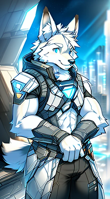 Front view, (mass effect game):1.4 full height, anthro (white wolf), male, white wolf, adult, solo, skinny:1, slim:1 build, tall,  (brown:1 futuristic high tech cloths, brown vest, coat), dark pants, robotic paws, correct anatomy, tail, skinny:1.9, (white:1 fur, detailed fur:1.4), smiling, (high quality ultradetailed:1 blue eyes), futuristic city background, photorealistic, hyperrealistic, ultradetailed, (masterpiece:1.2), epic, natural lighting, (by takemoto arashi, by meesh, by Taran Fiddler)