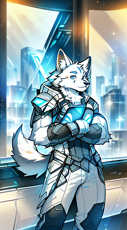 Front view, (mass effect game):1.4 full height, anthro (white wolf), male, white wolf, adult, solo, skinny:1, slim:1 build, tall, (brown:1 futuristic high tech cloths, brown vest, coat), dark pants, robotic paws, correct anatomy, tail, skinny:1.9, (white:1 fur, detailed fur:1.4), smiling, (high quality ultradetailed:1 blue eyes), futuristic city background, photorealistic, hyperrealistic, ultradetailed, (masterpiece:1.2), epic, natural lighting, (by takemoto arashi, by meesh, by Taran Fiddler)