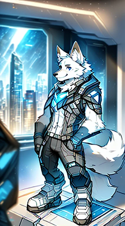 Front view, (mass effect game):1.4 full height, anthro (white wolf), male, white wolf, adult, solo, skinny:1, slim:1 build, tall, (brown:1 futuristic high tech cloths, brown vest, coat), dark pants, robotic paws, correct anatomy, tail, skinny:1.9, (white:1 fur, detailed fur:1.4), smiling, (high quality ultradetailed:1 blue eyes), futuristic city background, photorealistic, hyperrealistic, ultradetailed, (masterpiece:1.2), epic, natural lighting, (by takemoto arashi, by meesh, by Taran Fiddler)