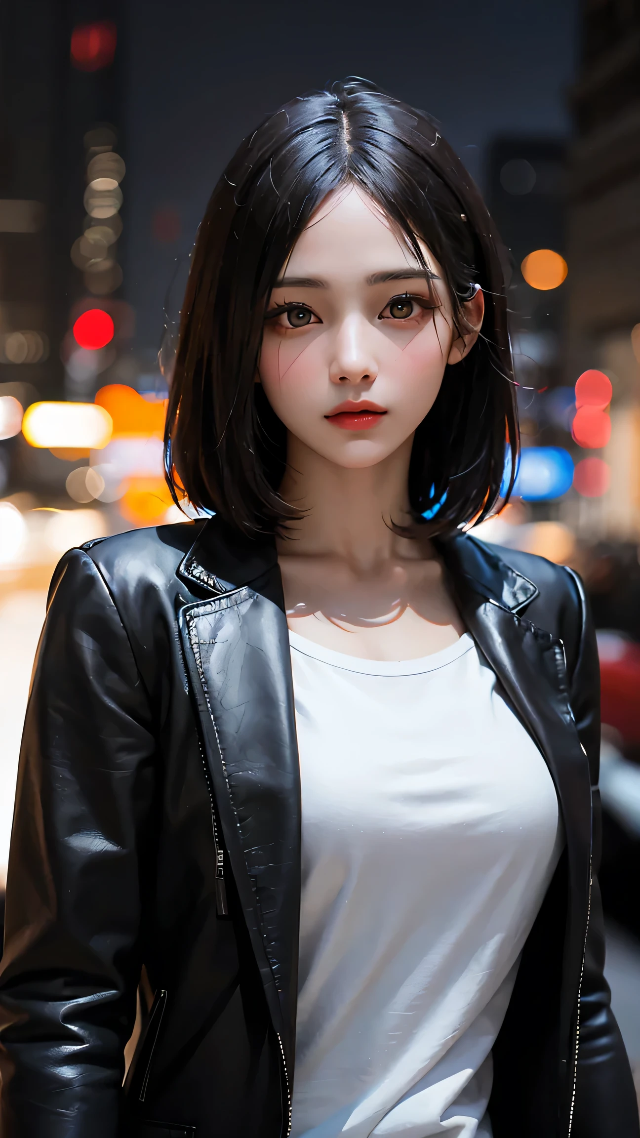 Beautiful girl with realistic black eyes, pale skin, medium length black hair, perfect face, perfect eyes, wearing a coat, very detailed, comprehensive movie, digital painting, 8K, cinematic lighting, highest quality, High resolution, well done!, Post-processing, perfect result, surreal，big breasts，