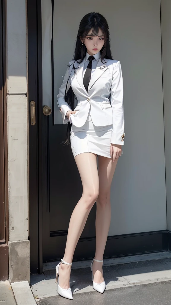 Beautiful girl with two meter long hair, long black hair, ชุดสูทผู้หญิงwhite, (ใส่สูทผู้หญิงwhite, Wear a suit over the outside.), (ชุดสูทผู้หญิงwhite), (เสื้อเชิ้ตwhite), (Thai women's short black necktie), (Military rank insignia), (short pencil skirtwhite), tight, (dynamic post), full body, (Huge breasts, thin body, small waist, hips raised, small thighs, Long legs), A gigantic rift, black high heels, (short pencil skirt, white), (Wearing a white business suit, สูทนักธุรกิจหญิงwhite), tight, military regalia,