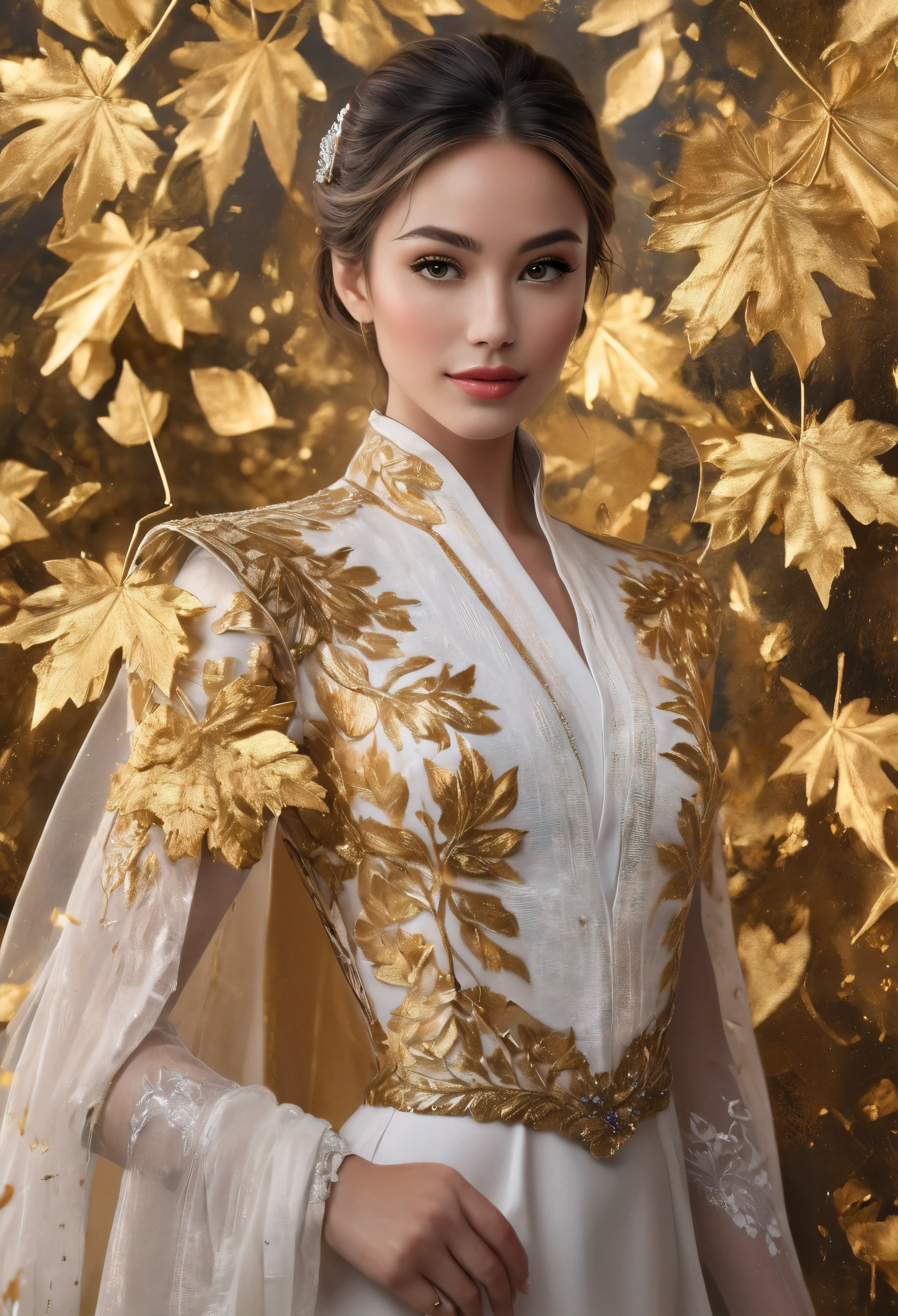 ((Masterpiece in maximum 16K resolution):1.6), ((Gold leaf art illustration:)1.5), ((Gold Leaf Art):1.4), ((Wide angle painting):1.2) | ((Gold leaf art of beautiful female illustratition:1.5), ((Supermodel beauty with aquiline nose):1.6), (Award winning art), ((sense of desire):1.1), (shimmer), (visual experience), (Realism), (Realistic), award-winning graphics, dark shot, film grain, extremely detailed, Digital Art, rtx, Unreal Engine, scene concept anti glare effect, All captured with sharp focus. Rendered in ultra-high definition with UHD and retina quality, this masterpiece ensures anatomical correctness and textured skin with super detail. With a focus on high quality and accuracy, this award-winning portrayal captures every nuance in stunning 16k resolution, immersing viewers in its lifelike depiction. Avoid extreme angles or exaggerated expressions to maintain realism. ((perfect_composition, perfect_design, perfect_layout, perfect_detail, ultra_detailed)), ((enhance_all, fix_everything)), More Detail, Enhance.