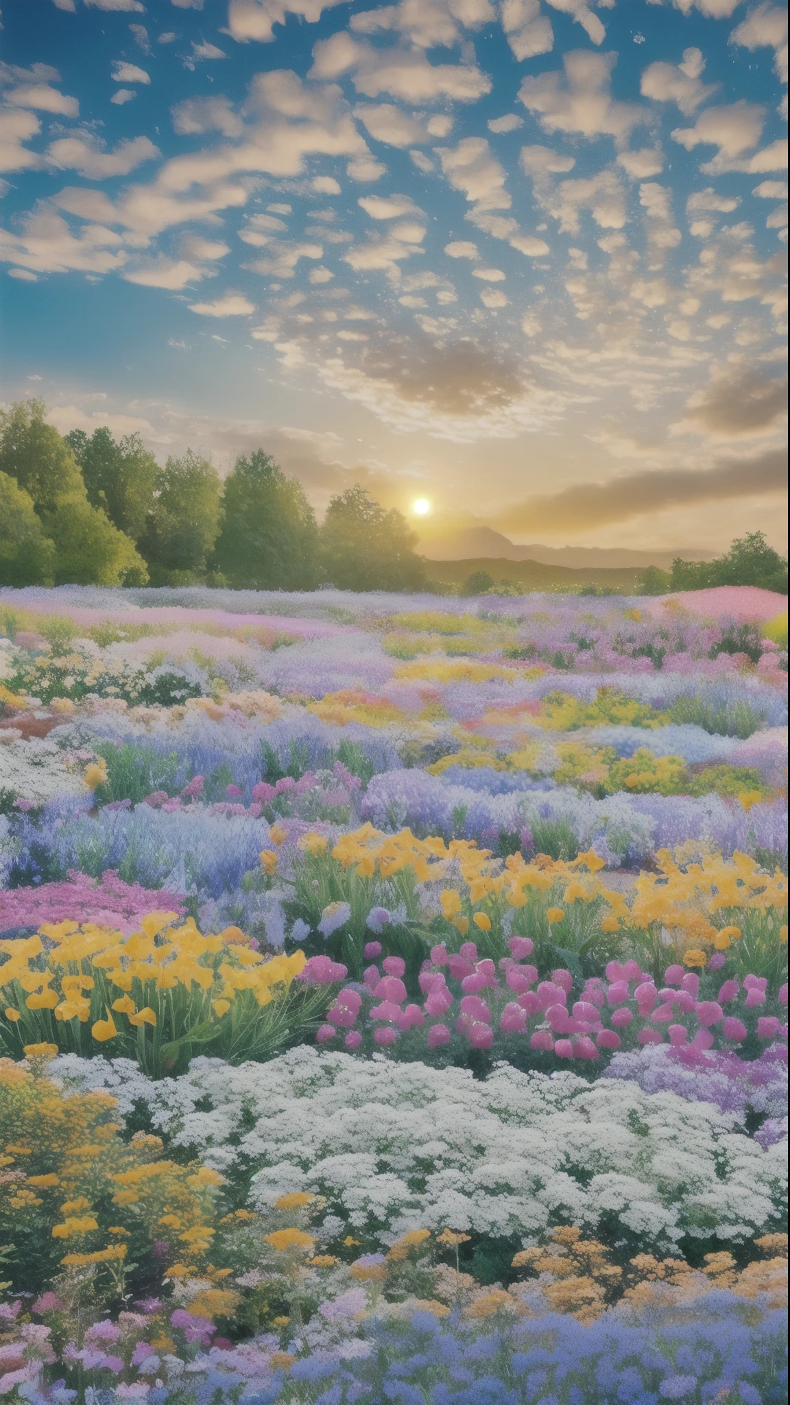 a flower garden with a sunset in the background, 幻想的なflower garden, flower garden, flower garden, flower garden, flower garden background, an aesthetic flower garden, 野生のflower garden, flower gardens, 混ざったflower garden, with flower gardens as foreground, flower garden, Meadow with flowers, in a flower garden, Amazingly colorful landscapes