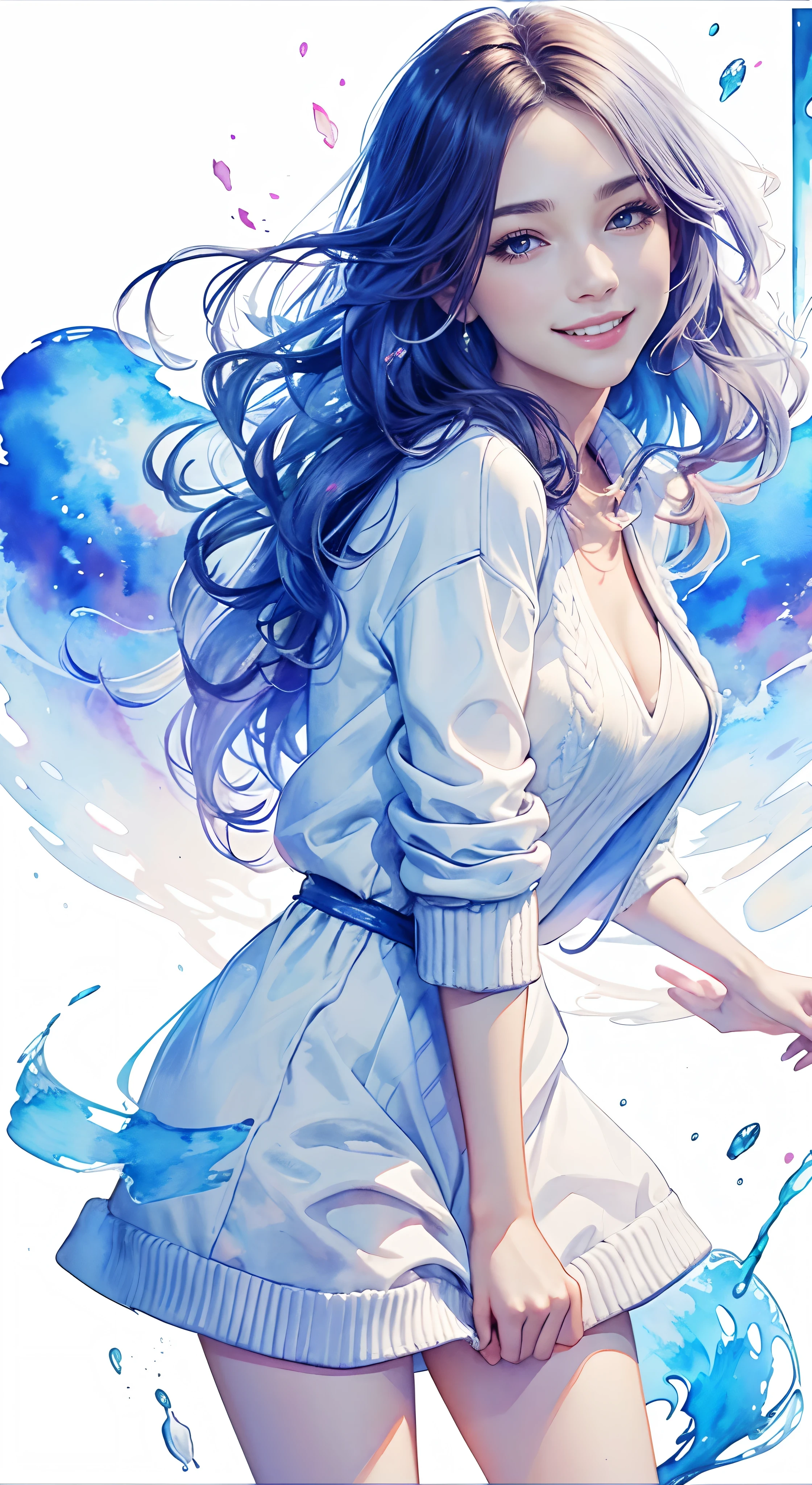 8K,masterpiece,de primera calidad,dynamic pose,Hermosa mujer con pelo largo,sonrisa:1.6,White sweater dress, Delgado,,pintura de acuarela \(medio\)