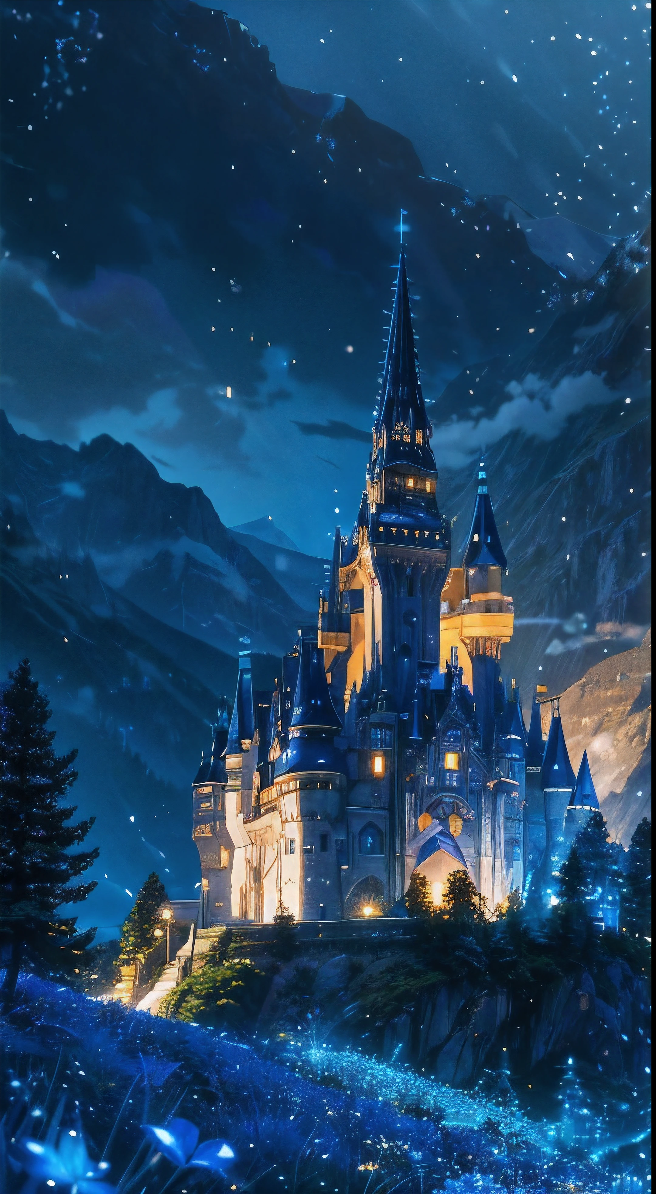 anime inspired castle in the alps with bright blue glass like sky shinning twinkling sparkling effect(bokeh effect) (fireflies)