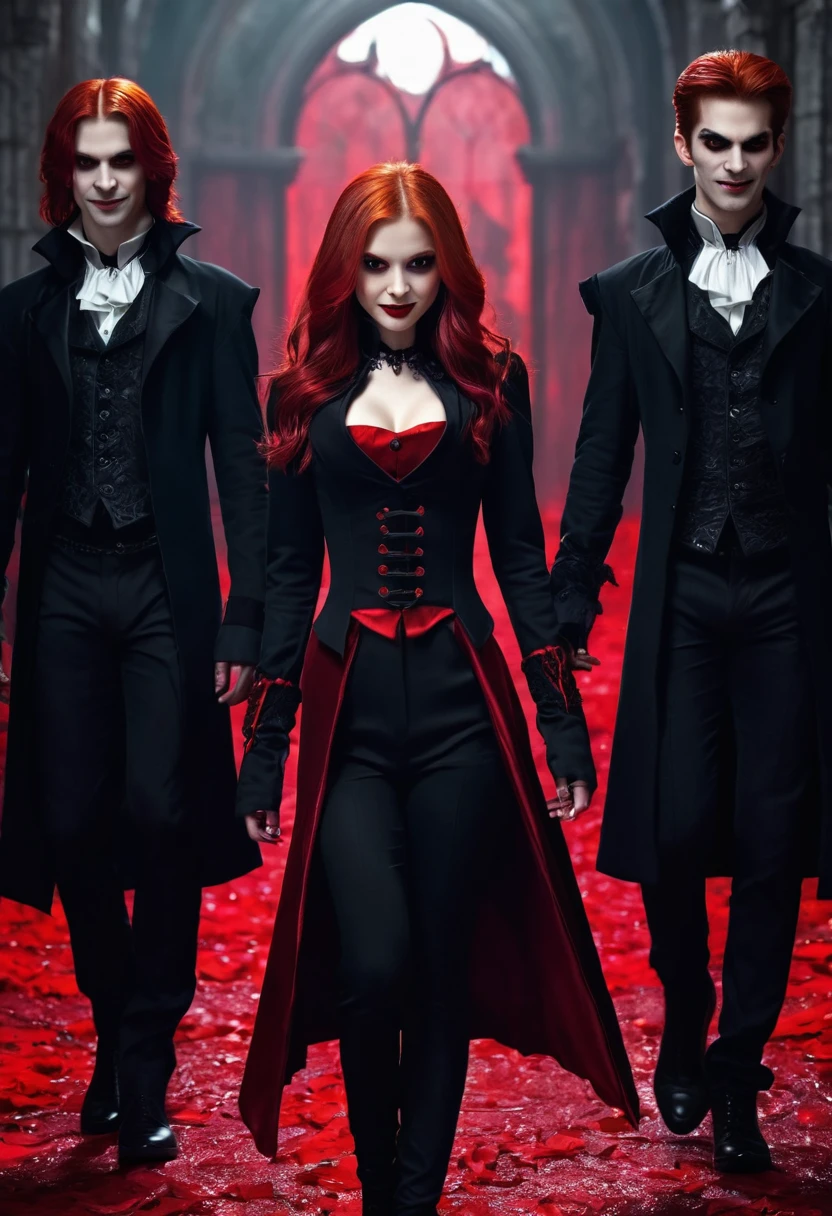 masterpiece, best quality, highres, 1girl, solo, modern vampire, red hair, long hair, open hair, red eyes, evil smile, 2 young boys on her both sides, both vampires with red hair, red and black outfit, scary background