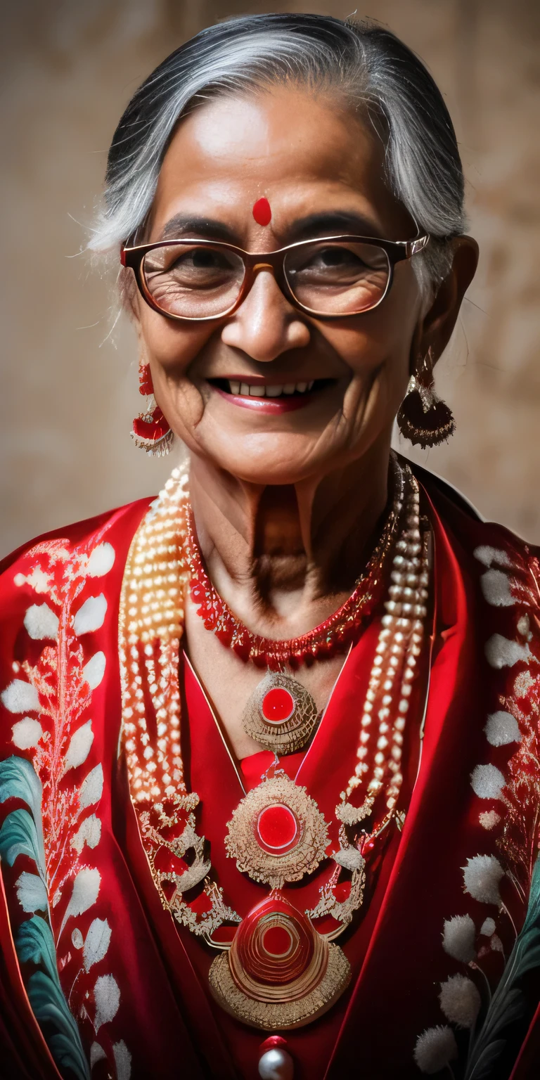 A beautiful nepali an old woman age 40 years wearing glasses with small silky hair and black eyes, wearing a red  sari dress and a pearl necklace, earring,smiling at the camera.  Realistic   