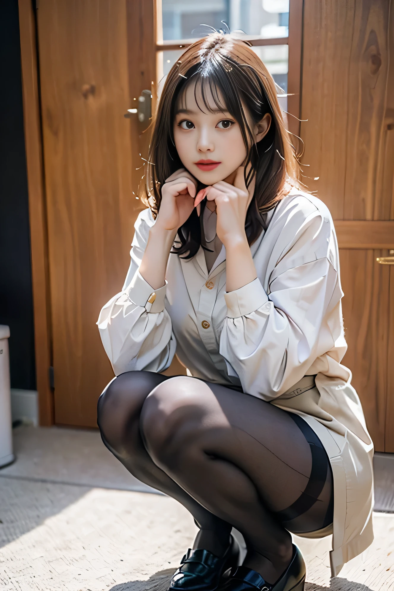 Ulzzang-6500-v1.1, (RAW photos:1.2), (photoreal),(bona fide: 1.4), (pieces fly away), best quality, shape, very detailed, finely, high resolution, 8K wallpapers, perfect dynamic composition shape, beautiful and delicate eyes, There is a woman squatting in the room., (very realistic pantyhose:1.3), beast, Japanese , seifuku, Chiho, sakimichan, cute , Yoshitomo Nara, various poses, Japanese girl uniform, wearing japanese clothes , reluvy5213, wearing a principal'uniform