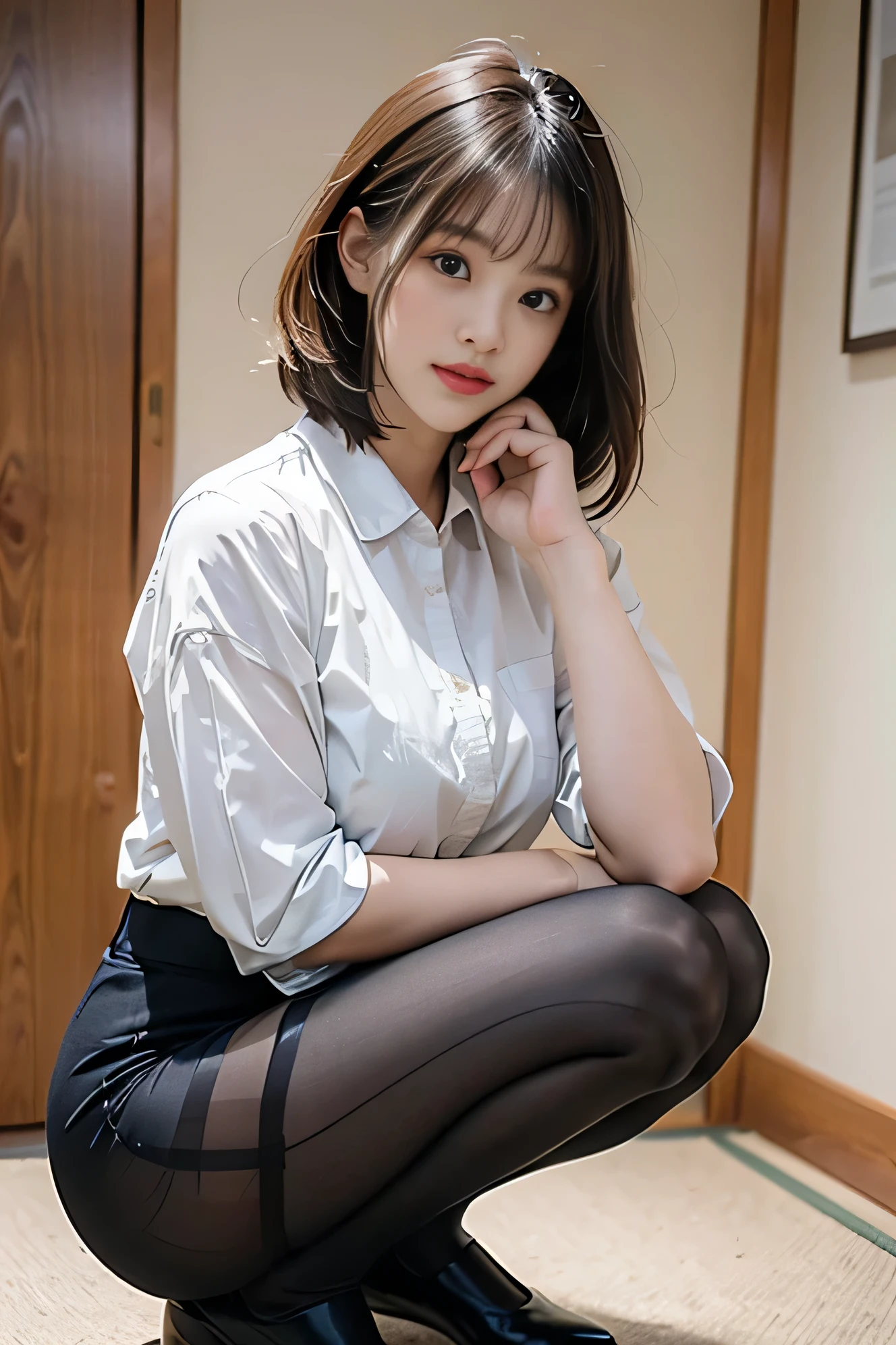 Ulzzang-6500-v1.1, (RAW photos:1.2), (photoreal),(bona fide: 1.4), (pieces fly away), best quality, shape, very detailed, finely, high resolution, 8K wallpapers, perfect dynamic composition shape, beautiful and delicate eyes, There is a woman squatting in the room., (very realistic pantyhose:1.3), beast, Japanese , seifuku, Chiho, sakimichan, cute , Yoshitomo Nara, various poses, Japanese girl uniform, wearing japanese clothes , reluvy5213, wearing a principal&#39;uniform
