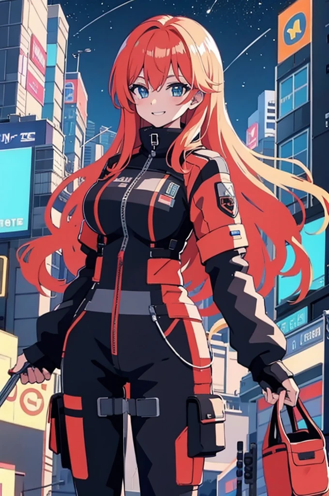 Best quality, (masterpiece:1.2), 1girl, night city wear, big breast, perfect body, standing, smile, grinning expression, landscape is cyber punk city , at night ,