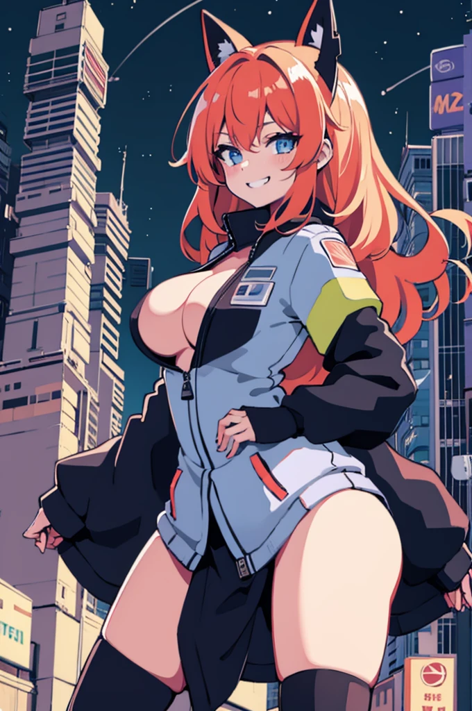 Best quality, (masterpiece:1.2), 1girl, night city wear, big breast, perfect body, standing, smile, grinning expression, landscape is cyber punk city , at night ,