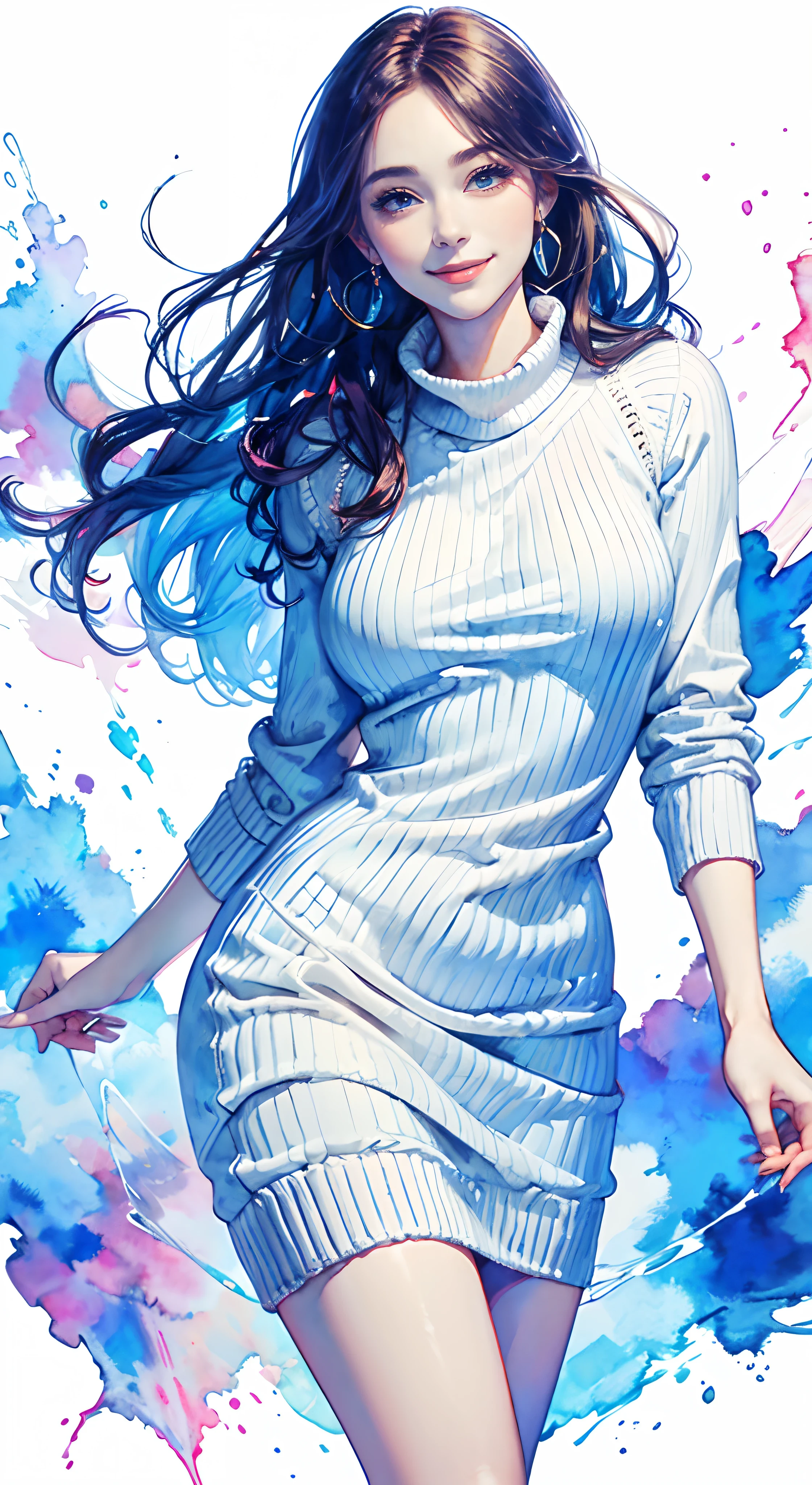 8K,masterpiece,de primera calidad,dynamic pose,Hermosa mujer con pelo largo,sonrisa:1.6,White sweater dress, Delgado,,pintura de acuarela \(medio\)