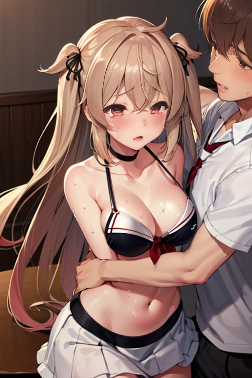 (One boy and one woman,have sex:1.5),hug from behind,Chest grab:1.5),((KanColle)),(Ahegao, blush, Sweat, open your mouth, roll your eyes, tears, stick out tongue,)(parted lips),(I close my eyes and feel weak),(table top, highest quality:1.2),
table top, highest quality, High resolution, Bumrasa, long hair, two side up, hair flap, Barrette, heterochromia, red eyes, brown eyes, medium breasts, cleavage, sailor bikini, black bikini, bikini skirt, white skirt,