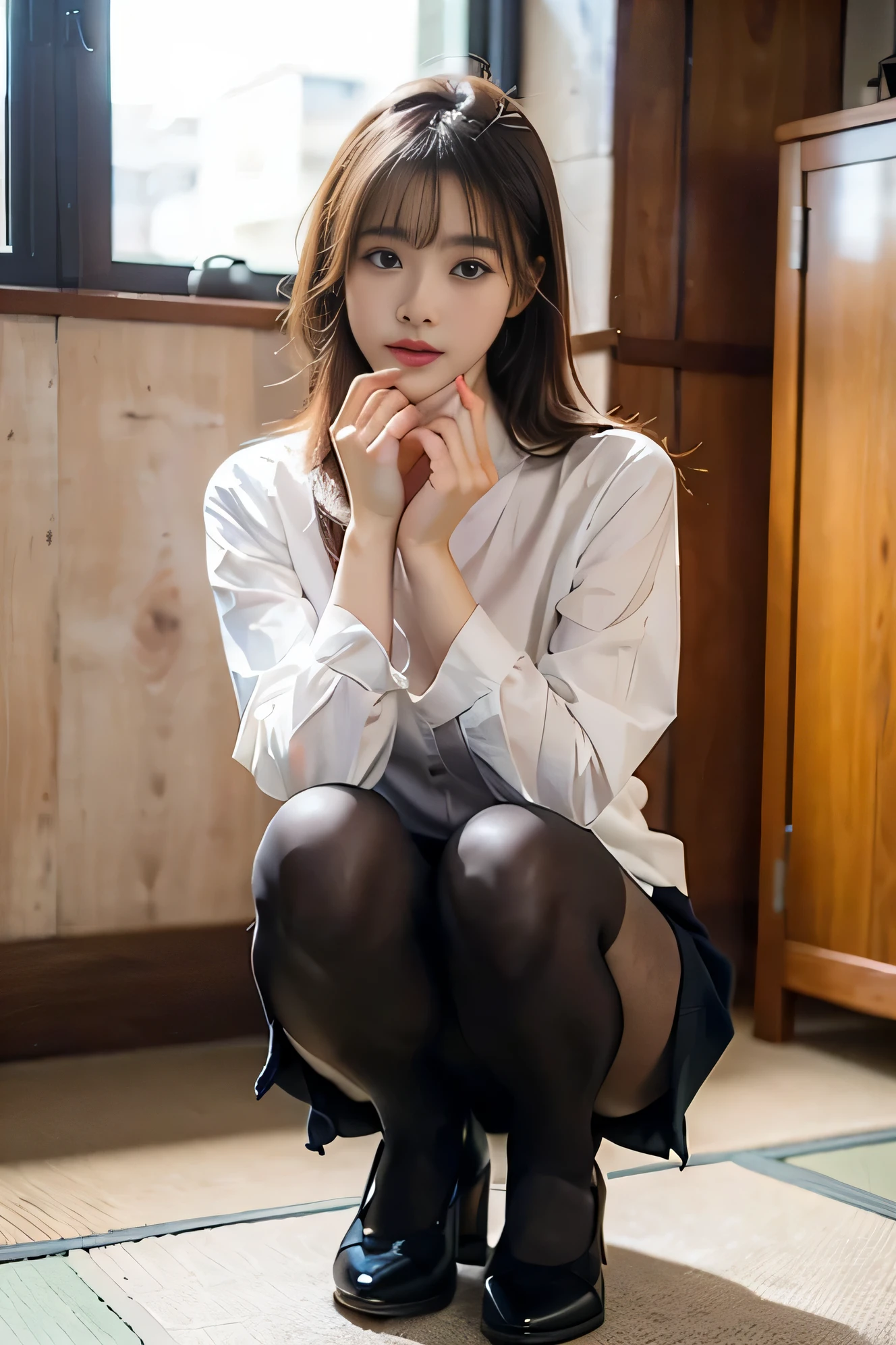 Ulzzang-6500-v1.1, (RAW photos:1.2), (photoreal),(bona fide: 1.4), (pieces fly away), best quality, shape, very detailed, finely, high resolution, 8K wallpapers, perfect dynamic composition shape, beautiful and delicate eyes, There is a woman squatting in the room., (very realistic pantyhose:1.3), beast, Japanese , seifuku, Chiho, sakimichan, cute , Yoshitomo Nara, various poses, Japanese girl uniform, wearing japanese clothes , reluvy5213, wearing a principal'uniform