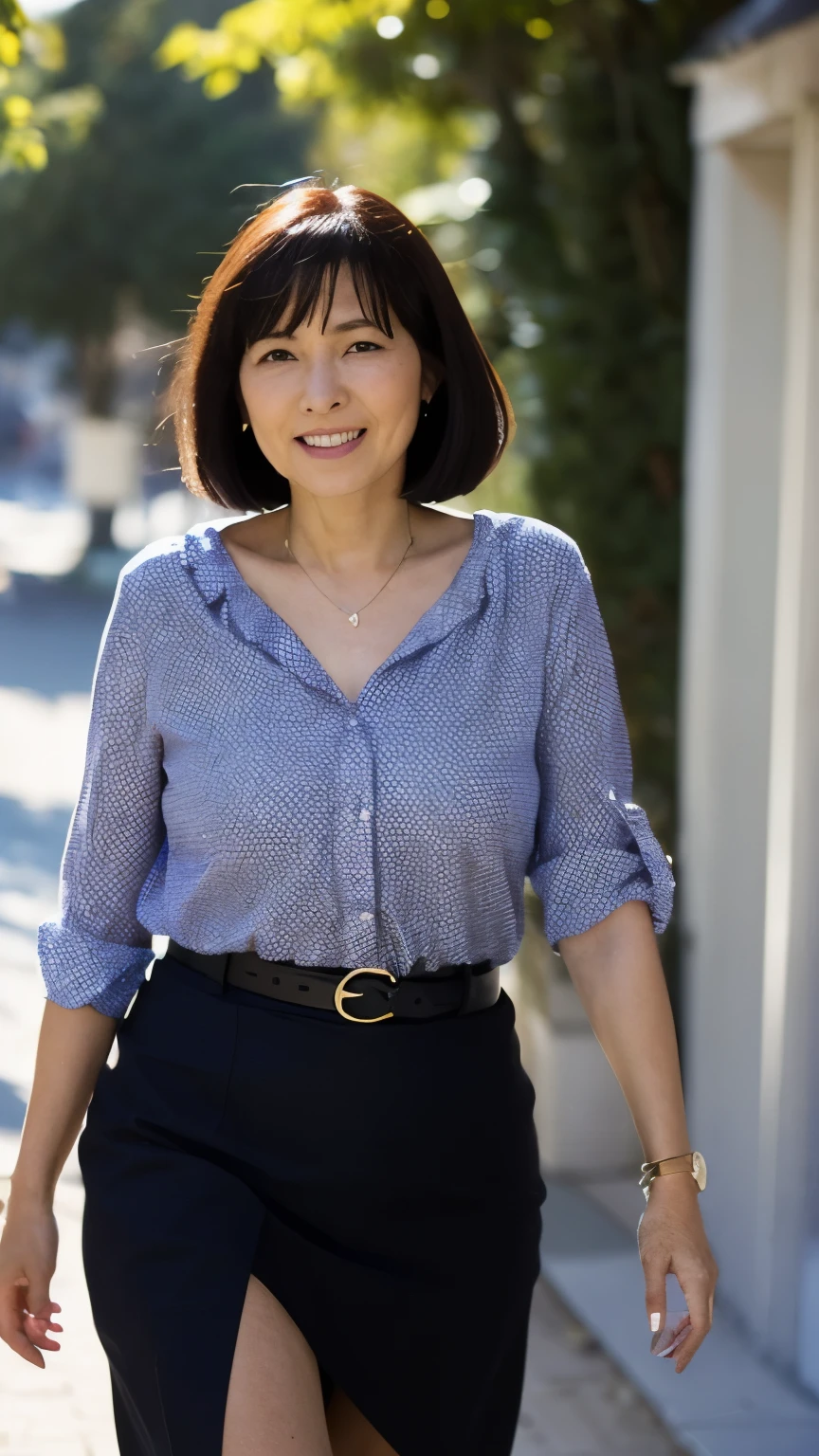 ((Top Quality)), ((8K)), ((Masterpiece: 1.3)), (Perfect Appearance), (Photorealism: 1.6), (Japanese woman walking on the embankment), (outdoors), 

japanese woman, (60 years old), gentle smile, The eyes are looking here, short hairstyle, soft fabric blouse, wide sleeves, Cuffs that fit your wrist, (The hem of the blouse is tucked into the skirt: 1.2), flare skirt, high heels, (whole body: 1.4),