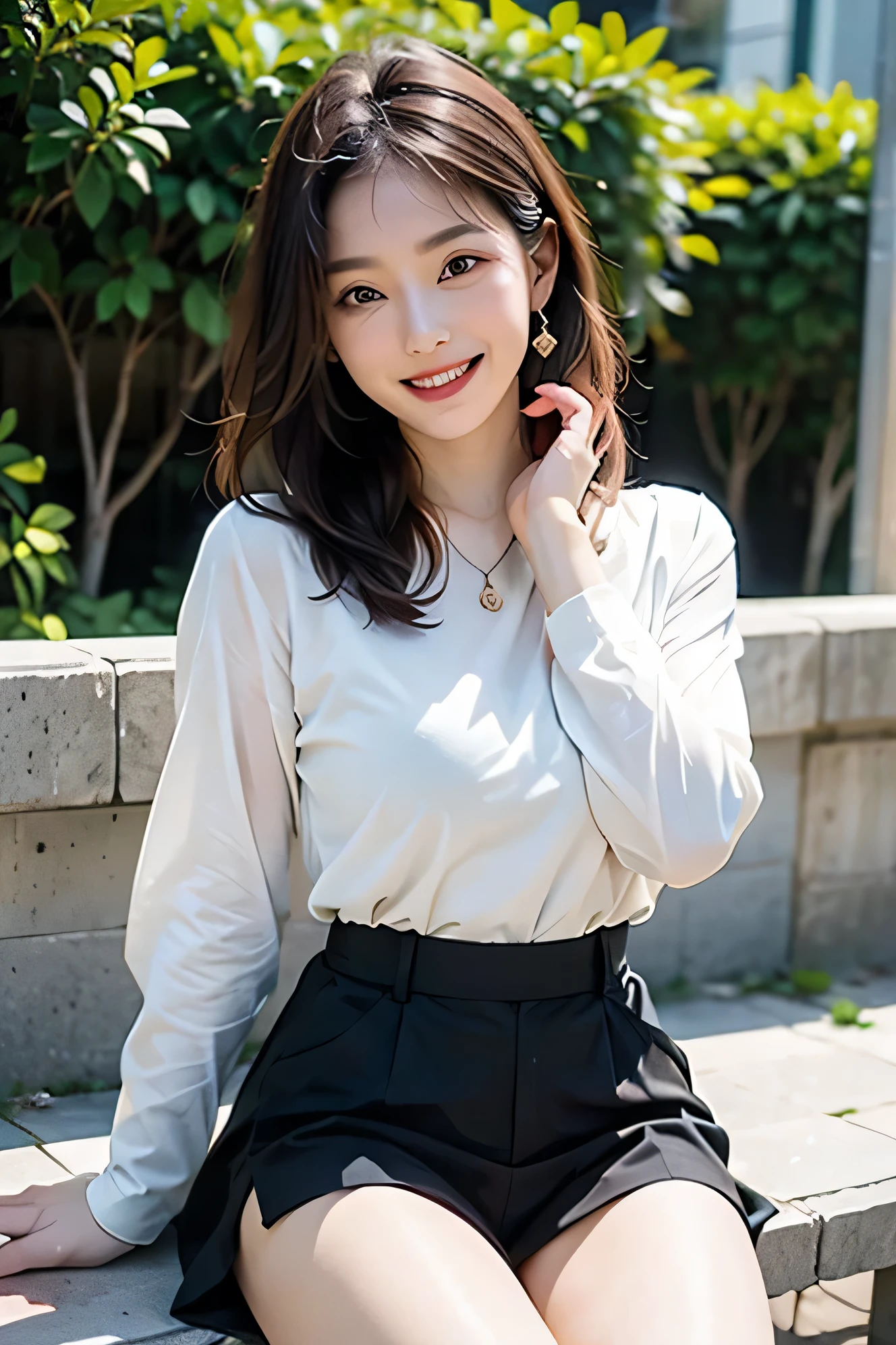 Ulzzang-6500-v1.1, (best quality: 1.3), (masterpiece: 1.3), (very detailed: 1.3), (bona fide:1.4), (pieces are flying), 1female、sunlight、quiet park bench、spring fashion、Wearing surreal pantyhose、amazingly beautiful female、soft smile、Premonition of romantic love、elation、amused、full of joy.、lots of fun、