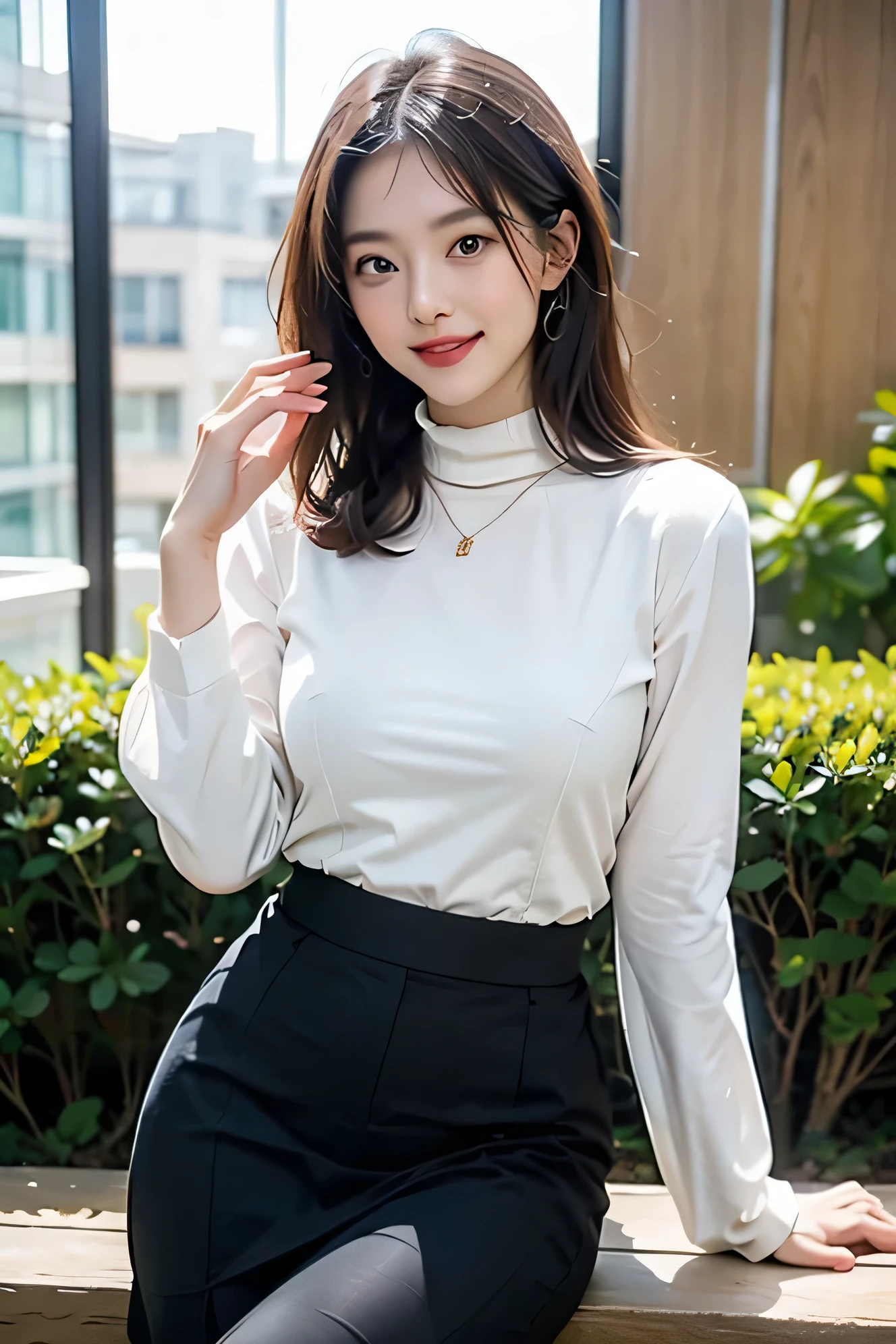 Ulzzang-6500-v1.1, (best quality: 1.3), (masterpiece: 1.3), (very detailed: 1.3), (bona fide:1.4), (pieces are flying), 1female、sunlight、quiet park bench、spring fashion、Wearing surreal pantyhose、amazingly beautiful female、soft smile、Premonition of romantic love、elation、amused、full of joy.、lots of fun、
