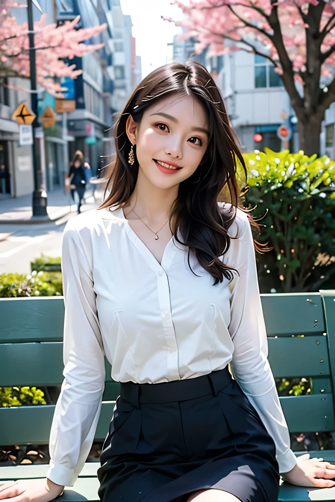 Ulzzang-6500-v1.1,  (best quality: 1.3), (masterpiece: 1.3), (very detailed: 1.3), (bona fide:1.4), (pieces are flying), １female、sunlight、quiet park bench、spring fashion、Wearing surreal pantyhose、amazingly beautiful female、soft smile、Premonition of romantic love、elation、amused、full of joy.、lots of fun、