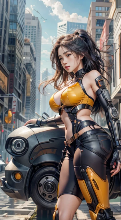 Virtual image,Realistic 8K visuals,hips up,Masterpiece,Complete Anatomy,Complete dynamic composition,morning sun,Light hits the front,young woman with long brown hair,cybernetic robot,Bikini body - white_orange_gold_metal, Jean Shorts,white tank top,Abandoned city backdrop