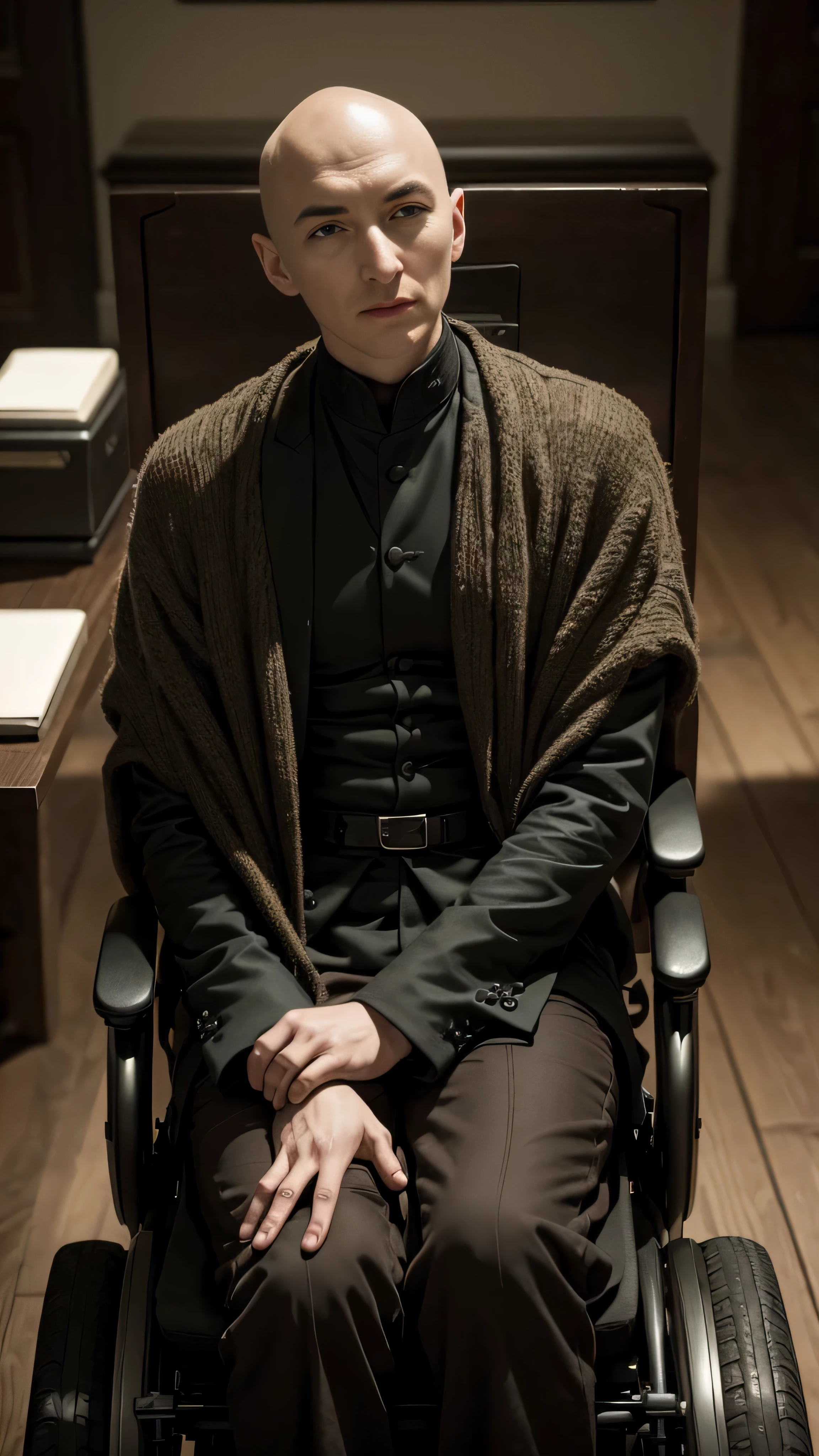 Isaac Hempstead Wright as Charles Xavier, professor X, X-Men, bald, sitting in a wheelchair, costume, (1man), (solo), beautiful detailed glow, detailed, cinematic light, intricate detail, realistic, highres, detailed facial features, high detail, sharp focus, smooth, aesthetic, extremely, detailed, stamp, octane render