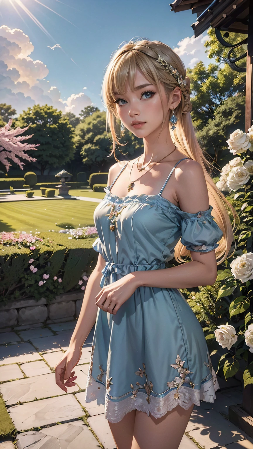 ((最high quality, 8K, masterpiece: 1.3, Ultra HD, high quality, 最high quality, High resolution, realism)) 、25 year old white woman、platinum blonde、blue eyes、long hair、smile、slender、slenderだがアスリートのような細マッチョな身体、I don&#39;t want my head to disappear from the screen.、手首にアクセサリーapply、Wearing red nail polish、I have a peticure、anklet((anklet))apply、wear a dress、put on a necklace、I&#39;m in an English garden with colorful flowers blooming.、There is an arch made of flowers、Enjoy tea time in the garden、Beautiful blue sky without a single cloud、花の髪飾りをapply