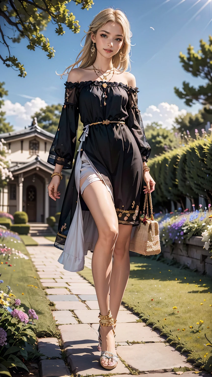 ((最high quality, 8K, masterpiece: 1.3, Ultra HD, high quality, 最high quality, High resolution, realism)) 、25 year old white woman、platinum blonde、blue eyes、long hair、smile、slender、slenderだがアスリートのような細マッチョな身体、I don't want my head to disappear from the screen.、手首にアクセサリーapply、Wearing red nail polish、I have a peticure、anklet((anklet))apply、wear a dress、put on a necklace、I'm in an English garden with colorful flowers blooming.、There is an arch made of flowers、Enjoy tea time in the garden、Beautiful blue sky without a single cloud、花の髪飾りをapply