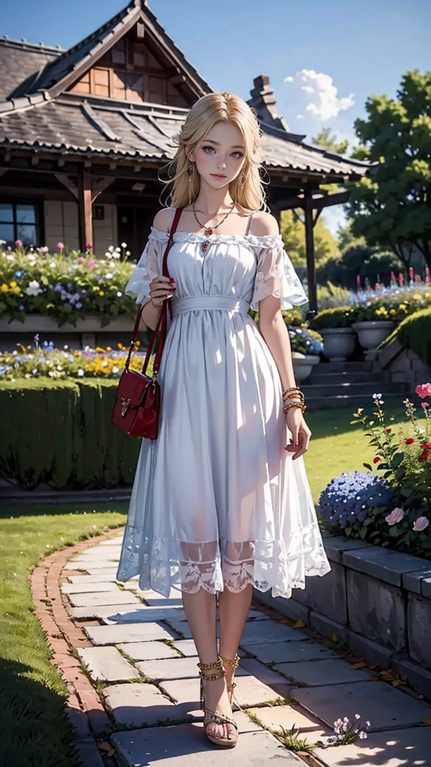 ((最high quality, 8K, masterpiece: 1.3, Ultra HD, high quality, 最high quality, High resolution, realism)) 、25 year old white woman、platinum blonde、blue eyes、long hair、smile、slender、slenderだがアスリートのような細マッチョな身体、I don't want my head to disappear from the screen.、手首にアクセサリーapply、Wearing red nail polish、I have a peticure、anklet((anklet))apply、wear a dress、put on a necklace、I'm in an English garden with colorful flowers blooming.、There is an arch made of flowers、Enjoy tea time in the garden、Beautiful blue sky without a single cloud、花の髪飾りをapply